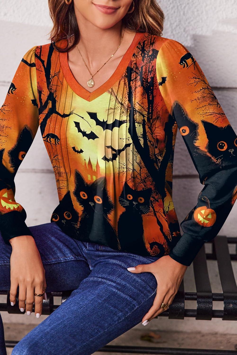 imageZeagoo Womens Puff Long Sleeve Shirts Pleated V Neck Fall Tunic Tops Blouse Dressy Casual Summer TShirtsHalloween Orange Black