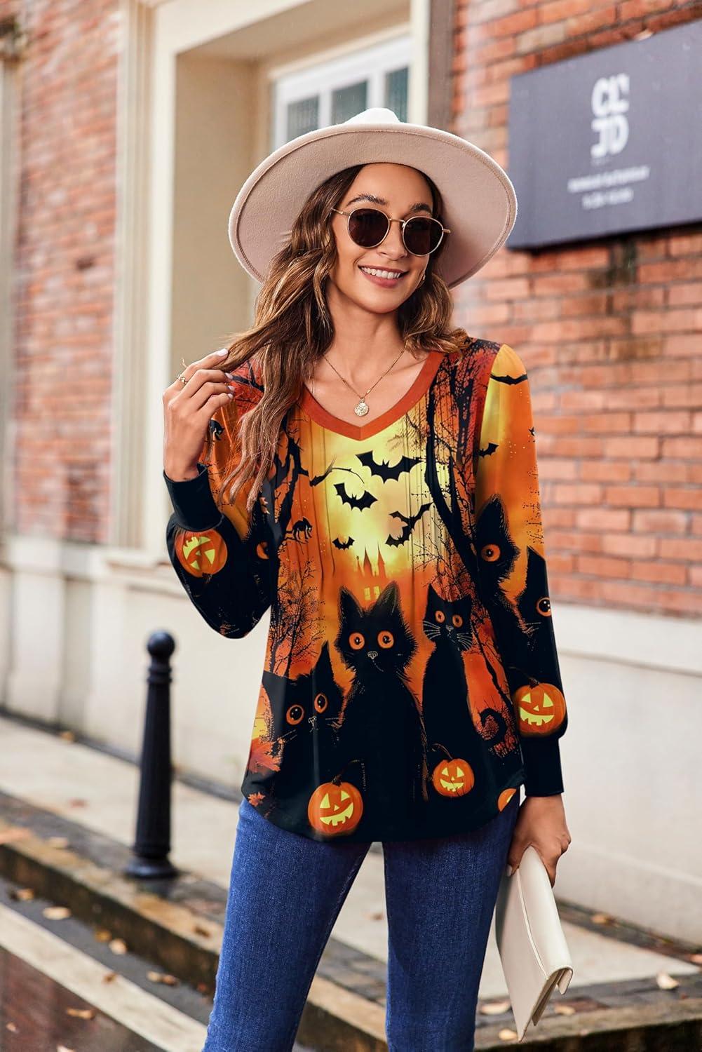 imageZeagoo Womens Puff Long Sleeve Shirts Pleated V Neck Fall Tunic Tops Blouse Dressy Casual Summer TShirtsHalloween Orange Black