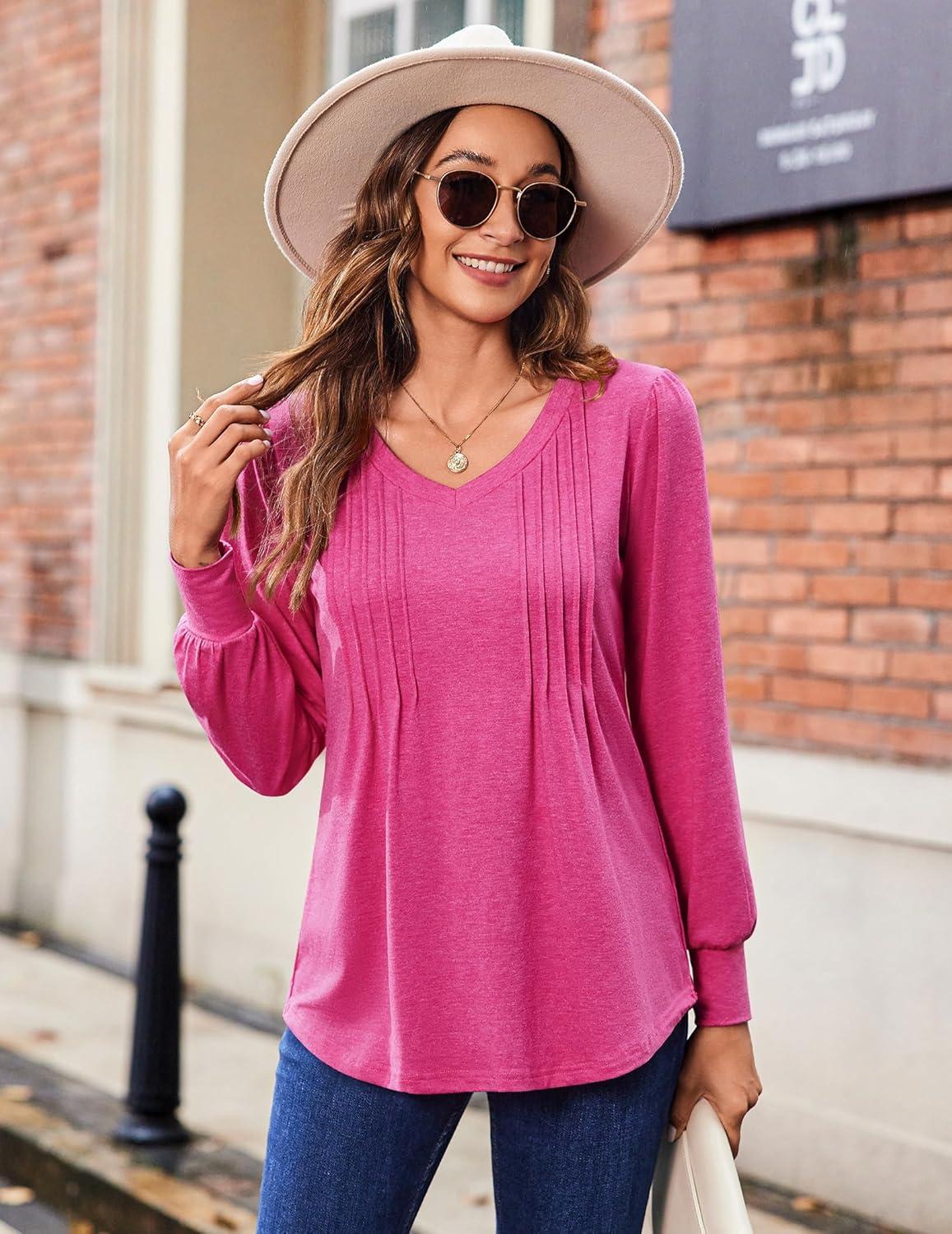 imageZeagoo Womens Puff Long Sleeve Shirts Pleated V Neck Fall Tunic Tops Blouse Dressy Casual Summer TShirtsHot Pink