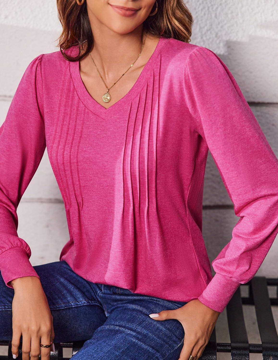 imageZeagoo Womens Puff Long Sleeve Shirts Pleated V Neck Fall Tunic Tops Blouse Dressy Casual Summer TShirtsHot Pink