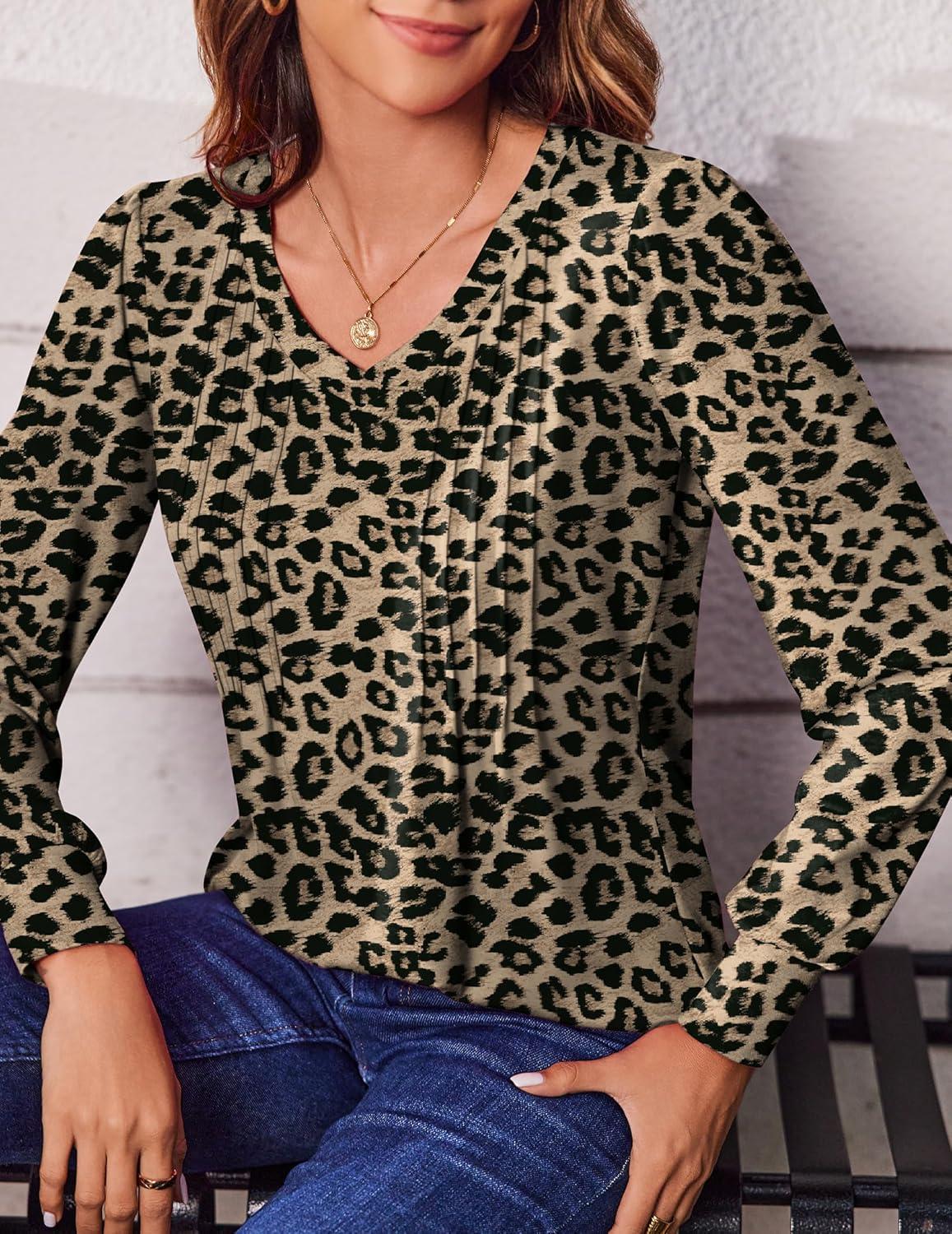 imageZeagoo Womens Puff Long Sleeve Shirts Pleated V Neck Fall Tunic Tops Blouse Dressy Casual Summer TShirtsLeopard