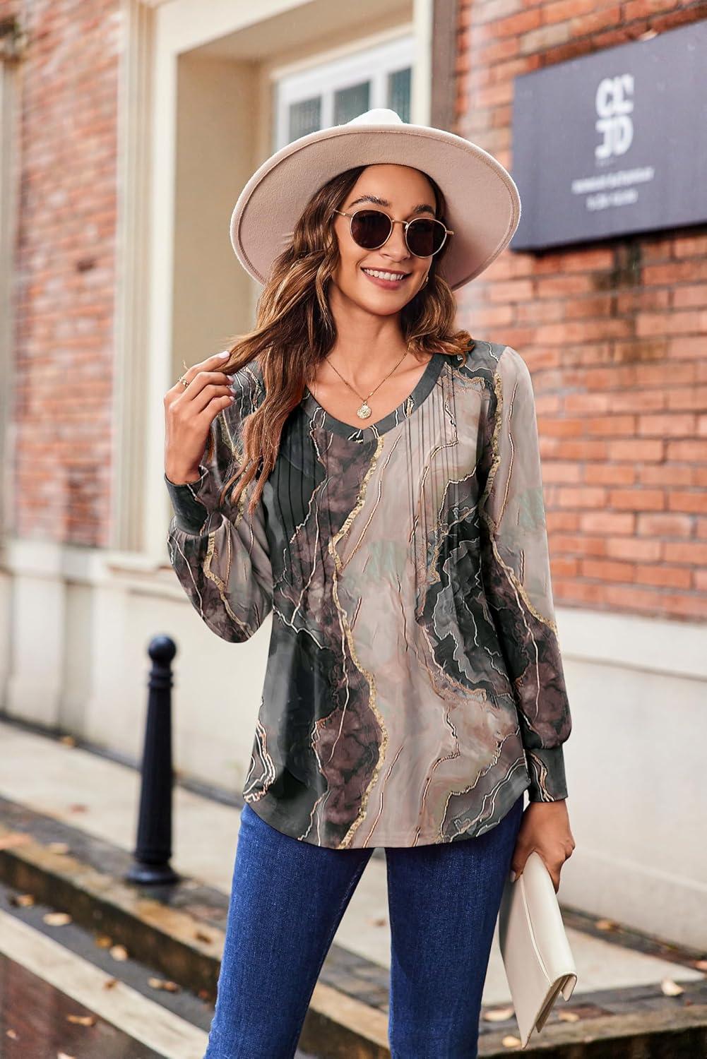 imageZeagoo Womens Puff Long Sleeve Shirts Pleated V Neck Fall Tunic Tops Blouse Dressy Casual Summer TShirtsMulticolor 278
