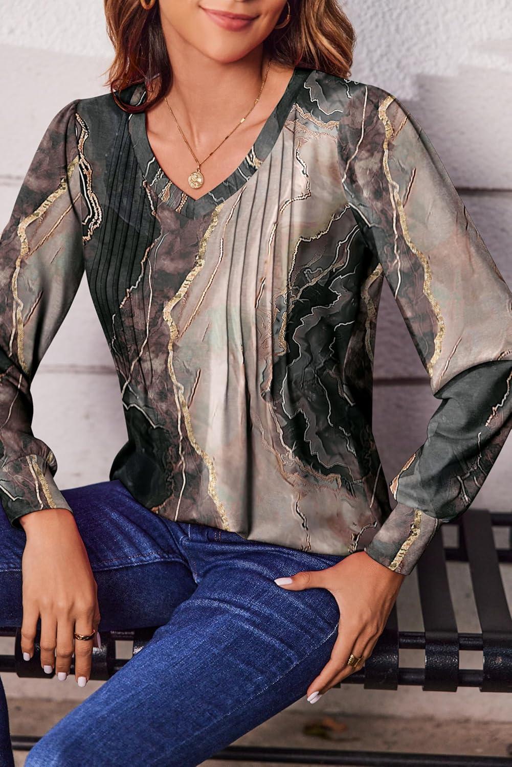 imageZeagoo Womens Puff Long Sleeve Shirts Pleated V Neck Fall Tunic Tops Blouse Dressy Casual Summer TShirtsMulticolor 278