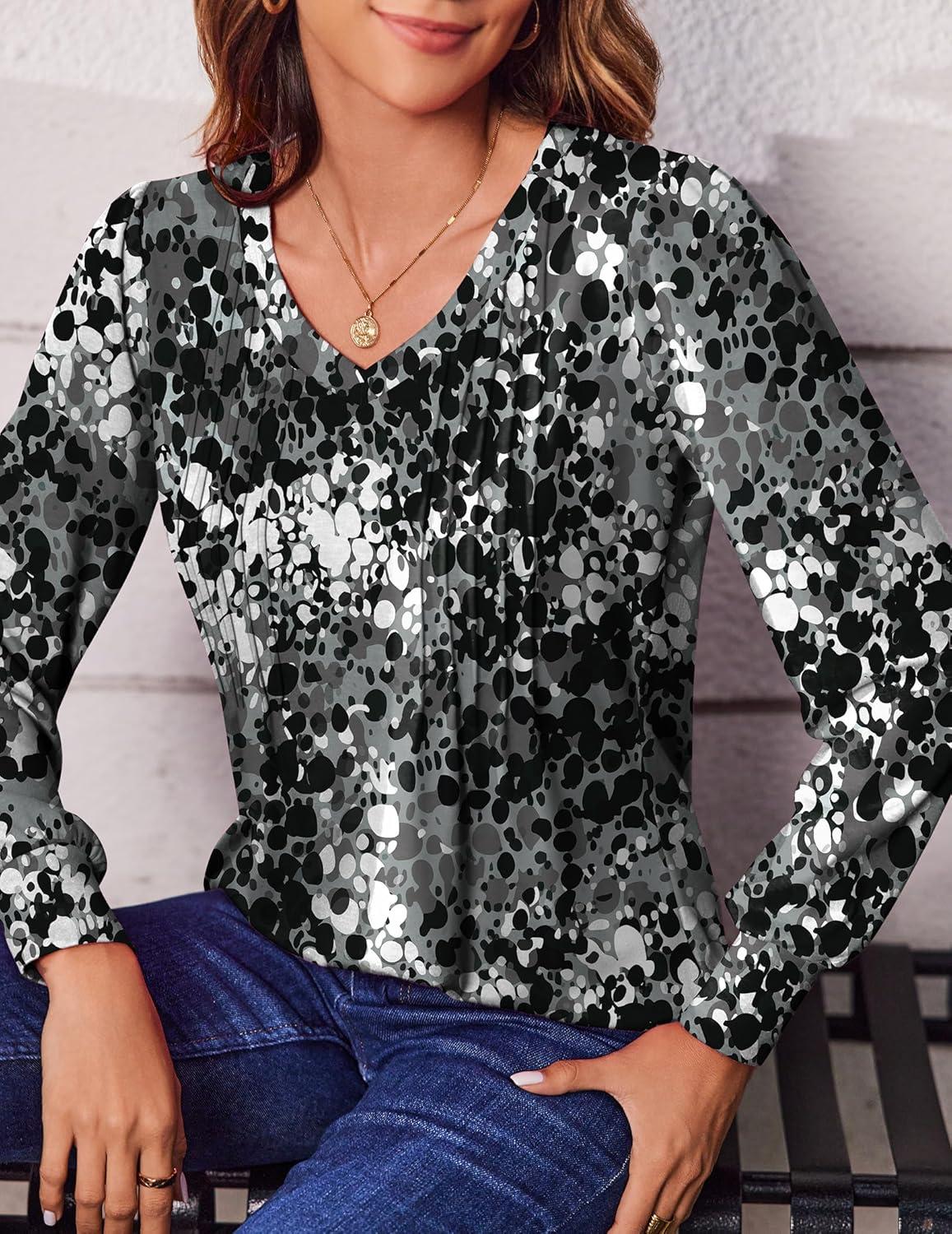 imageZeagoo Womens Puff Long Sleeve Shirts Pleated V Neck Fall Tunic Tops Blouse Dressy Casual Summer TShirtsMulticoloured 273