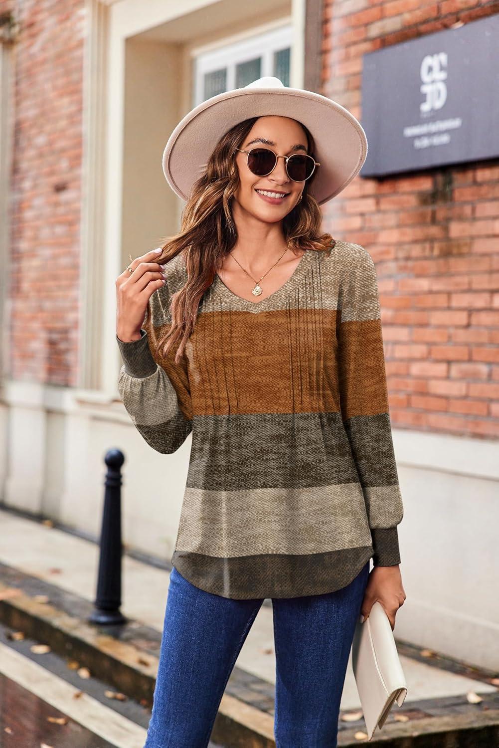 imageZeagoo Womens Puff Long Sleeve Shirts Pleated V Neck Fall Tunic Tops Blouse Dressy Casual Summer TShirtsMulticoloured 398