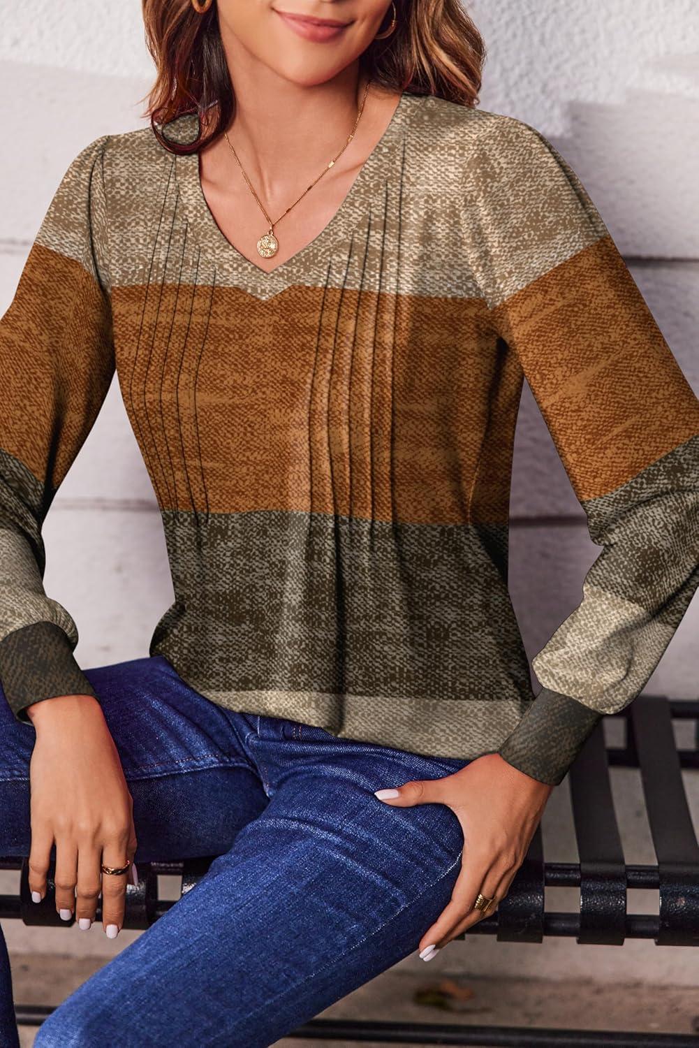 imageZeagoo Womens Puff Long Sleeve Shirts Pleated V Neck Fall Tunic Tops Blouse Dressy Casual Summer TShirtsMulticoloured 398