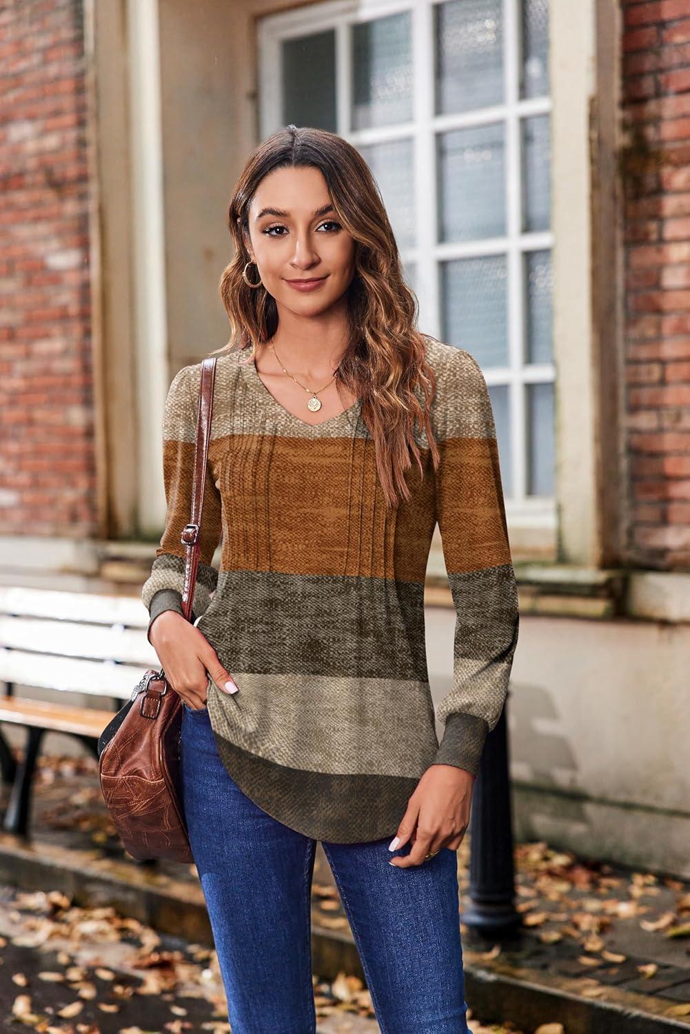 imageZeagoo Womens Puff Long Sleeve Shirts Pleated V Neck Fall Tunic Tops Blouse Dressy Casual Summer TShirtsMulticoloured 398