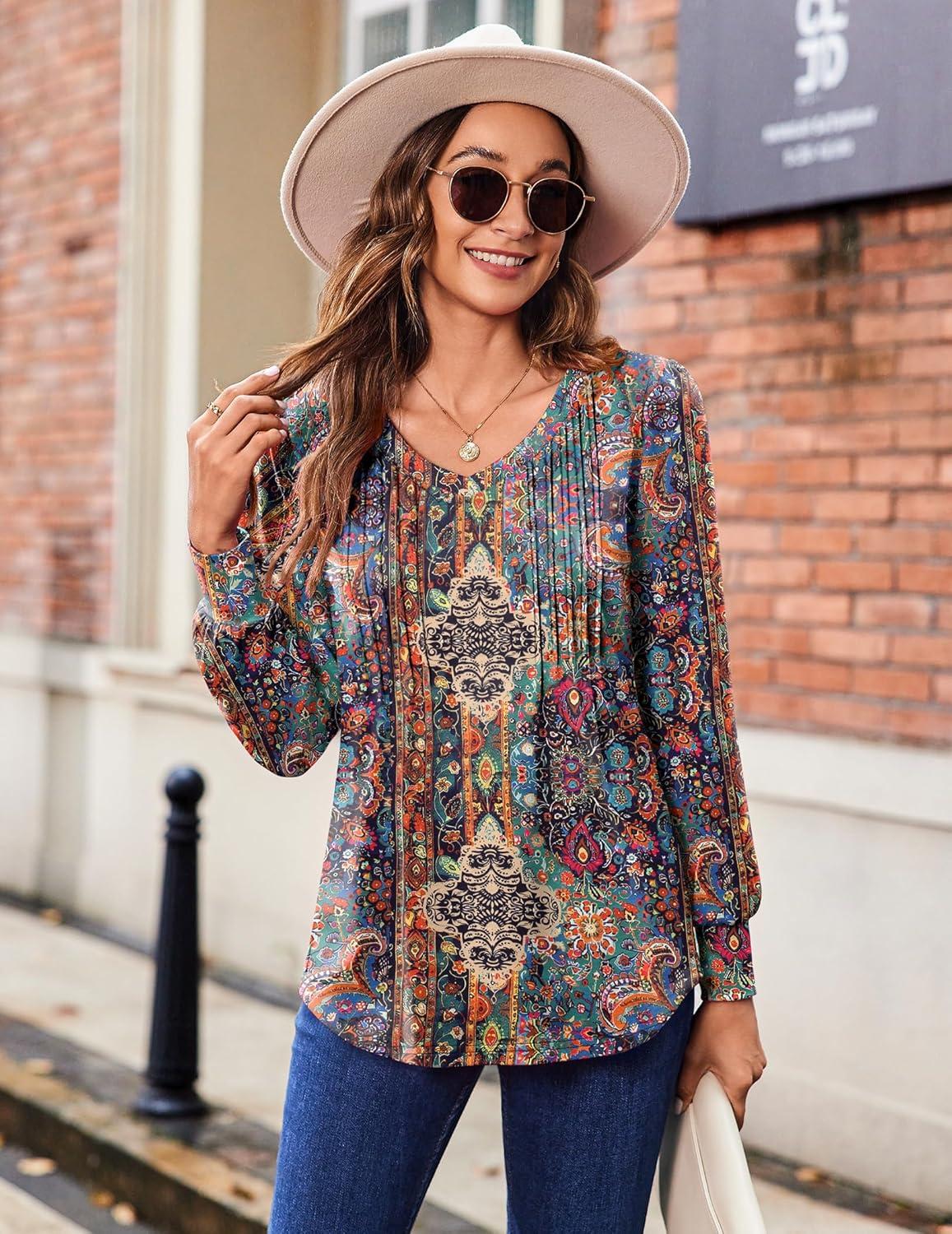 imageZeagoo Womens Puff Long Sleeve Shirts Pleated V Neck Fall Tunic Tops Blouse Dressy Casual Summer TShirtsMulticoloured 721