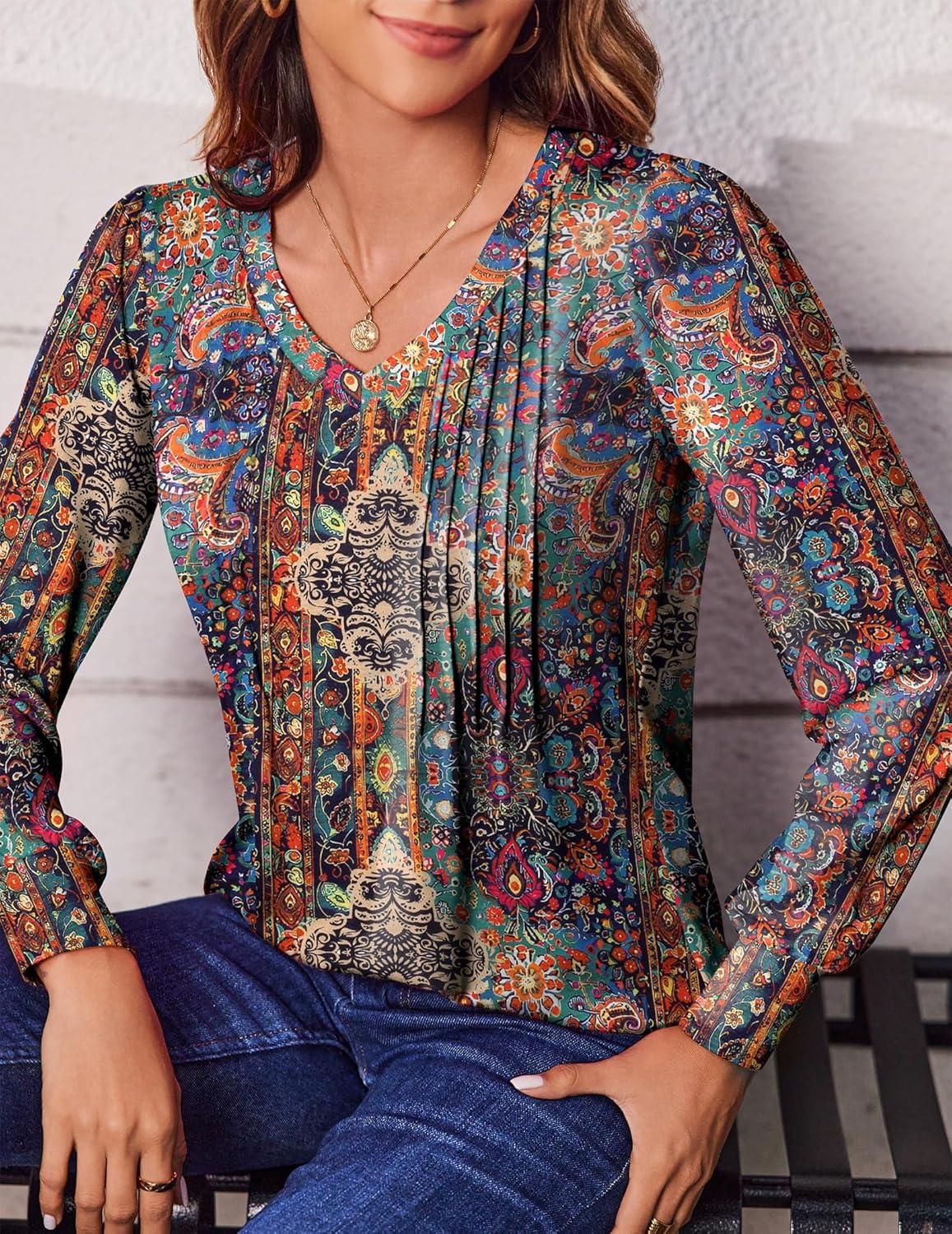 imageZeagoo Womens Puff Long Sleeve Shirts Pleated V Neck Fall Tunic Tops Blouse Dressy Casual Summer TShirtsMulticoloured 721