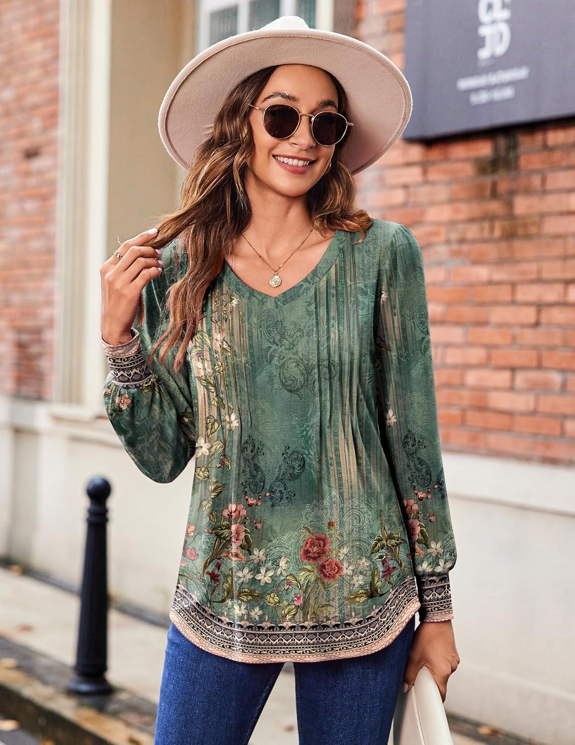 imageZeagoo Womens Puff Long Sleeve Shirts Pleated V Neck Fall Tunic Tops Blouse Dressy Casual Summer TShirtsPa171