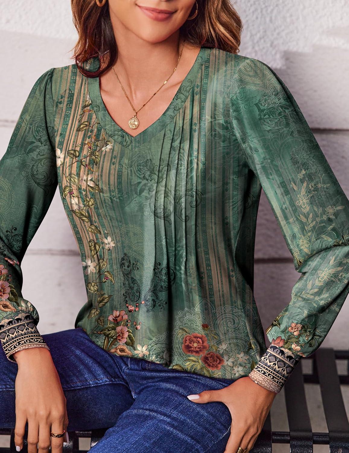 imageZeagoo Womens Puff Long Sleeve Shirts Pleated V Neck Fall Tunic Tops Blouse Dressy Casual Summer TShirtsPa171