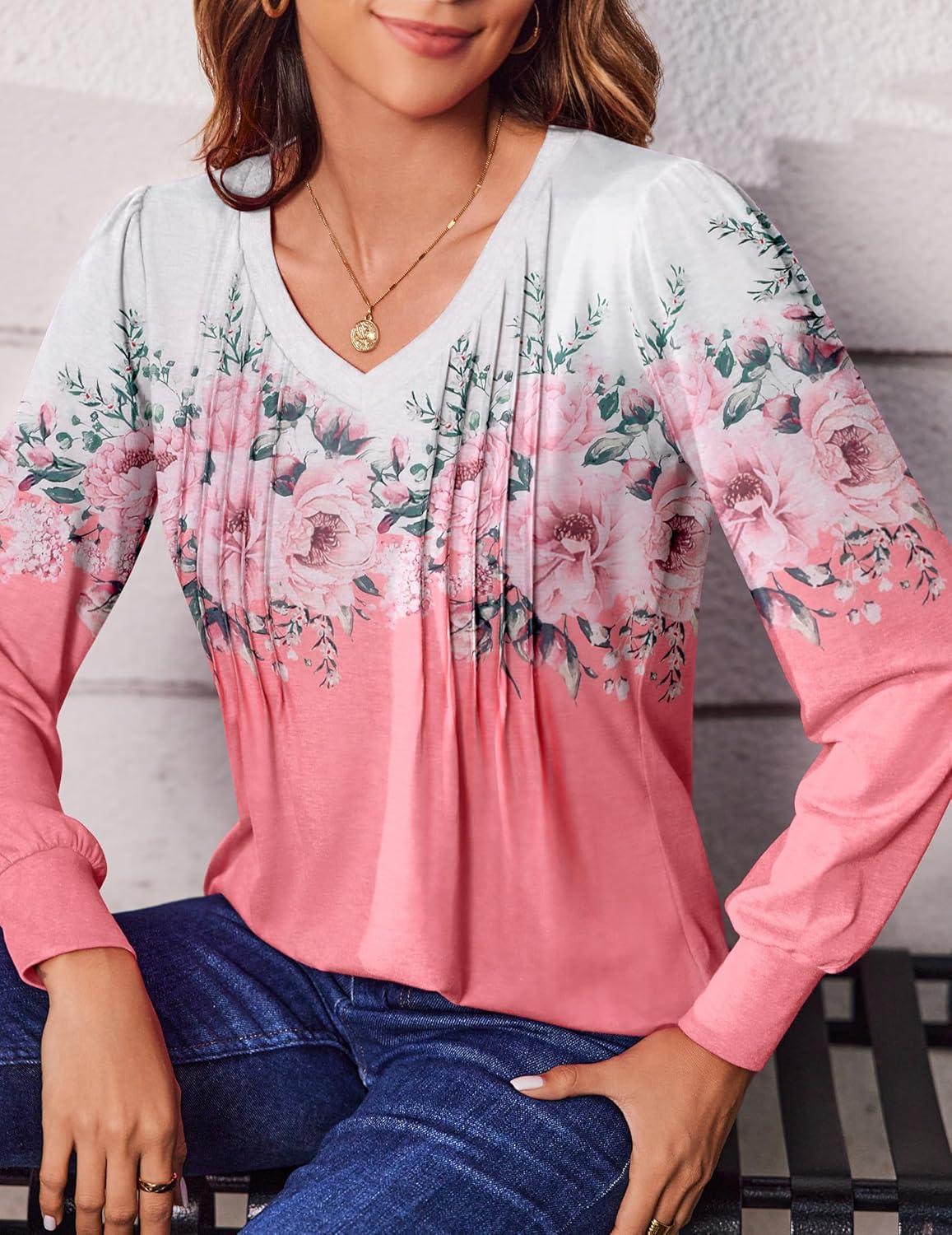 imageZeagoo Womens Puff Long Sleeve Shirts Pleated V Neck Fall Tunic Tops Blouse Dressy Casual Summer TShirtsSf122
