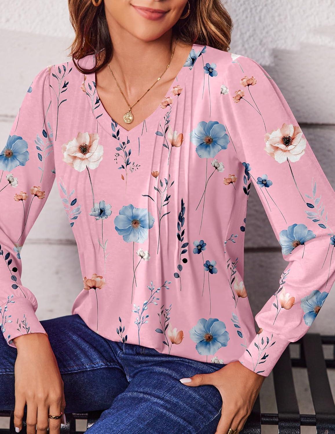 imageZeagoo Womens Puff Long Sleeve Shirts Pleated V Neck Fall Tunic Tops Blouse Dressy Casual Summer TShirtsWf53