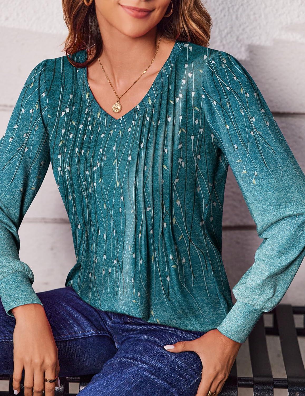 imageZeagoo Womens Puff Long Sleeve Shirts Pleated V Neck Fall Tunic Tops Blouse Dressy Casual Summer TShirtsXh363