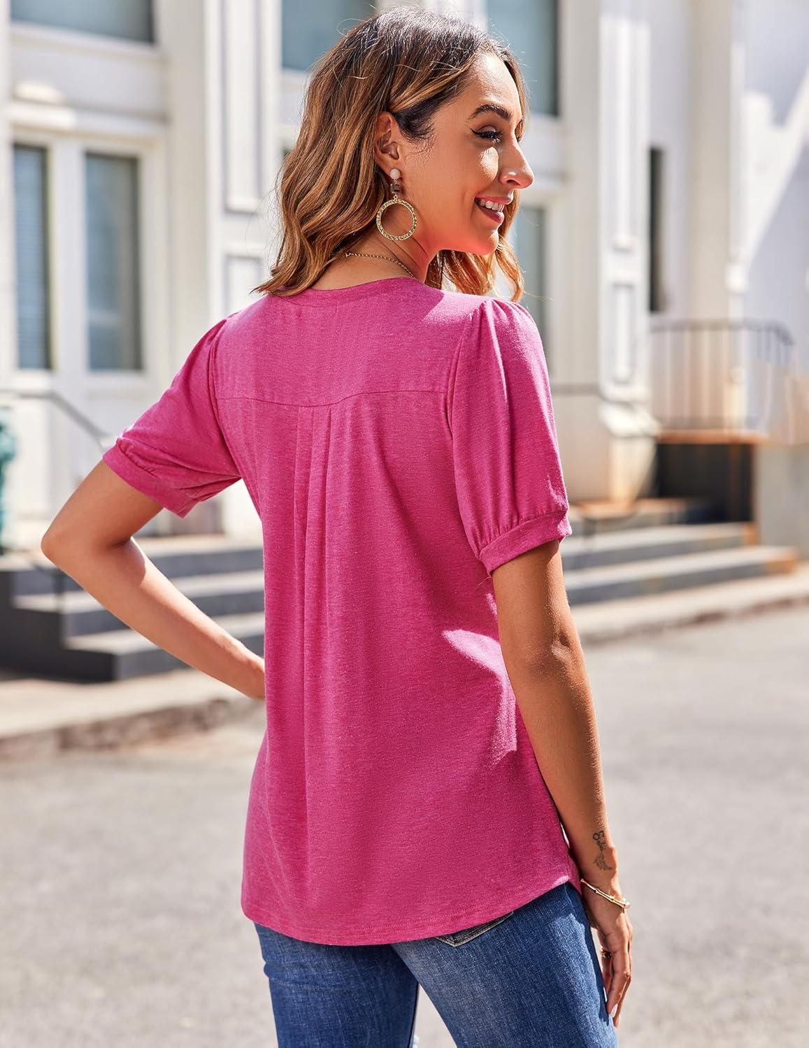 imageZeagoo Womens Puff Short Sleeve Boho Shirts Casual V Neck Floral Solid Summer Blouse Pleated Tunic TopAhot Pink