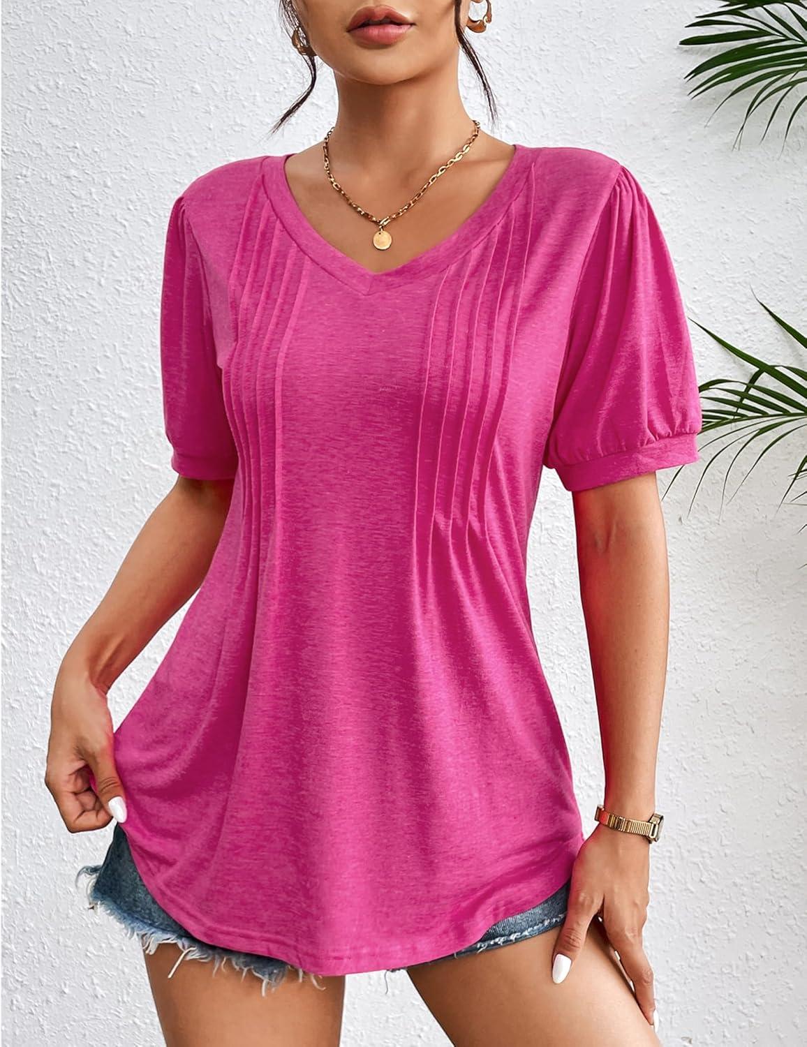 imageZeagoo Womens Puff Short Sleeve Boho Shirts Casual V Neck Floral Solid Summer Blouse Pleated Tunic TopAhot Pink