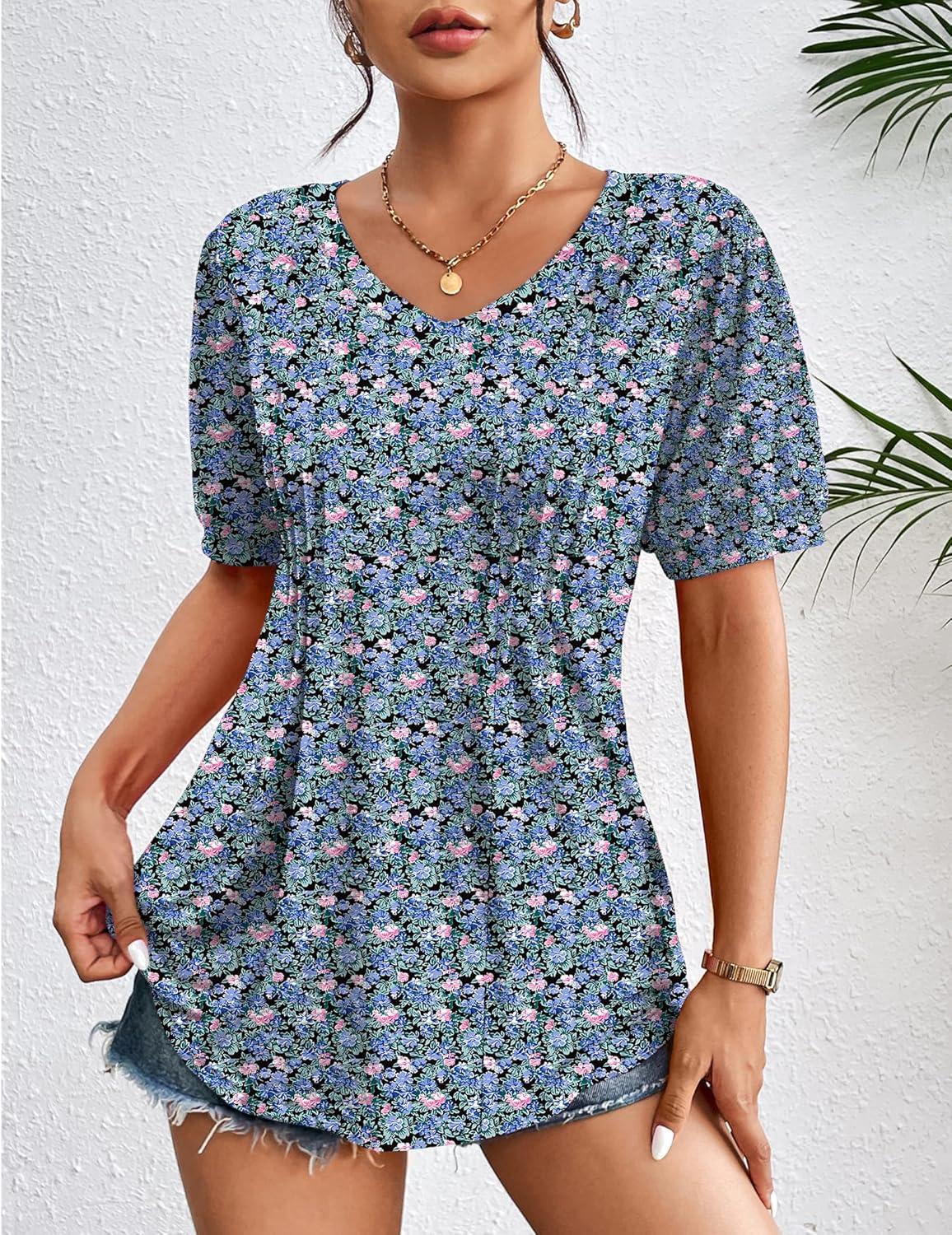 imageZeagoo Womens Puff Short Sleeve Boho Shirts Casual V Neck Floral Solid Summer Blouse Pleated Tunic TopApa236