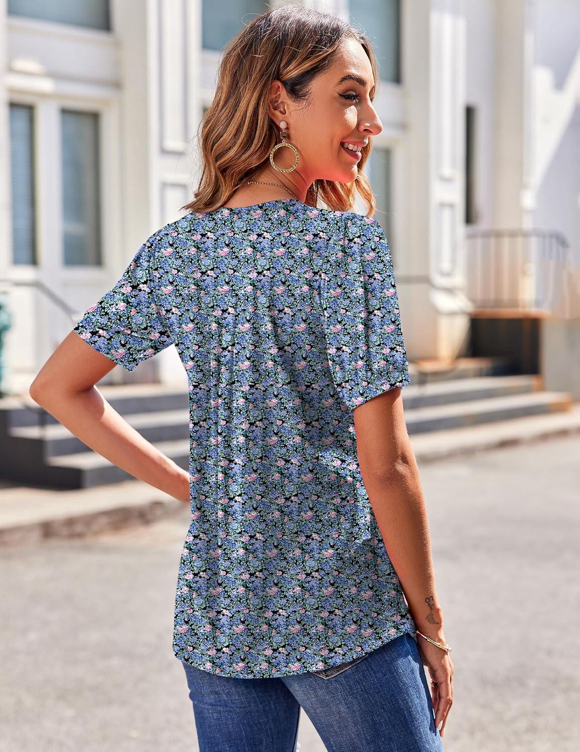 imageZeagoo Womens Puff Short Sleeve Boho Shirts Casual V Neck Floral Solid Summer Blouse Pleated Tunic TopApa236