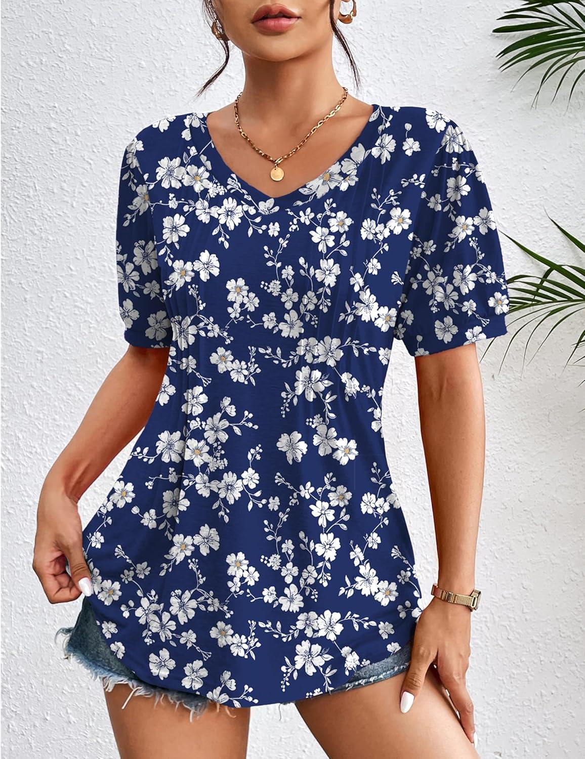 imageZeagoo Womens Puff Short Sleeve Boho Shirts Casual V Neck Floral Solid Summer Blouse Pleated Tunic TopBf126