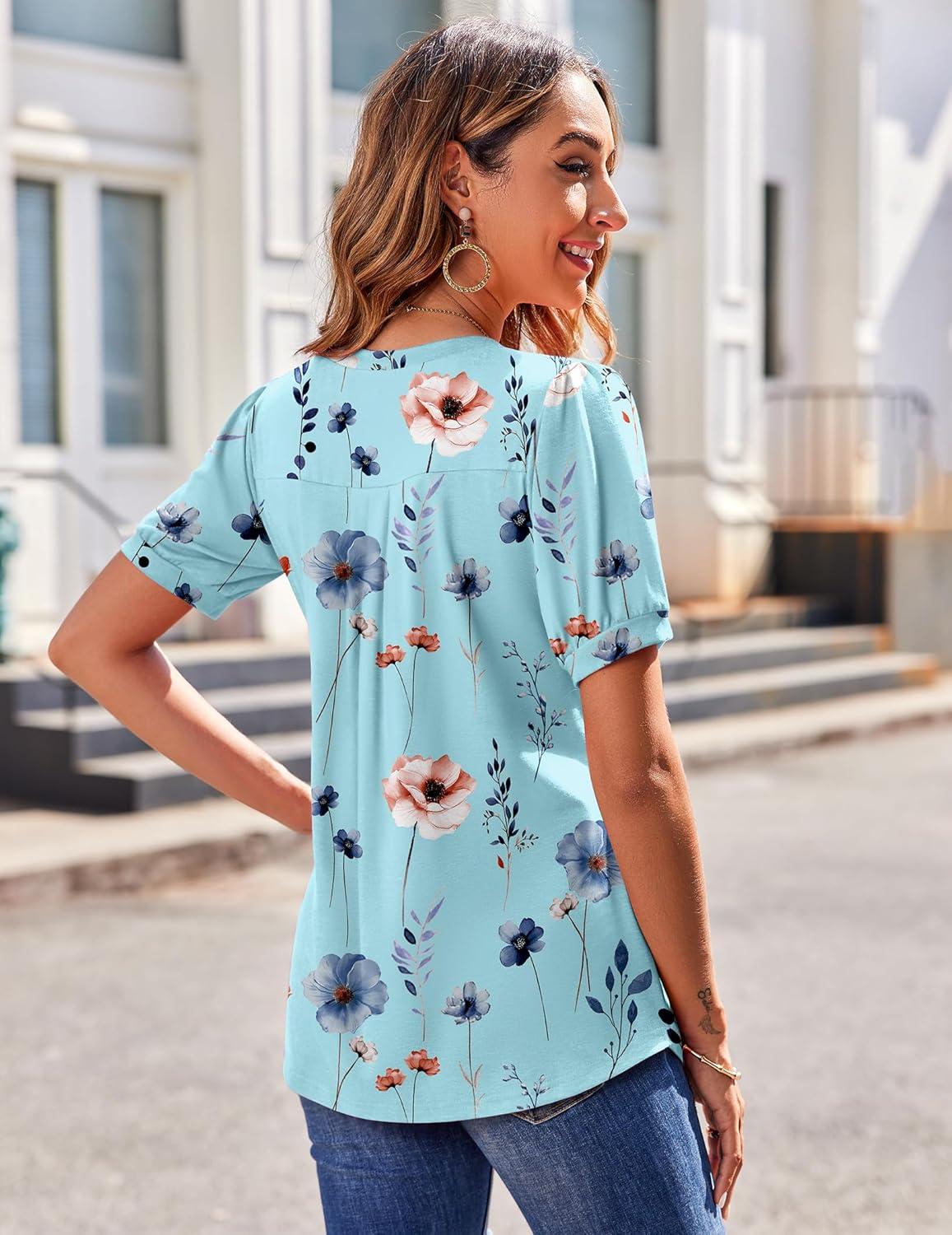 imageZeagoo Womens Puff Short Sleeve Boho Shirts Casual V Neck Floral Solid Summer Blouse Pleated Tunic TopBf139