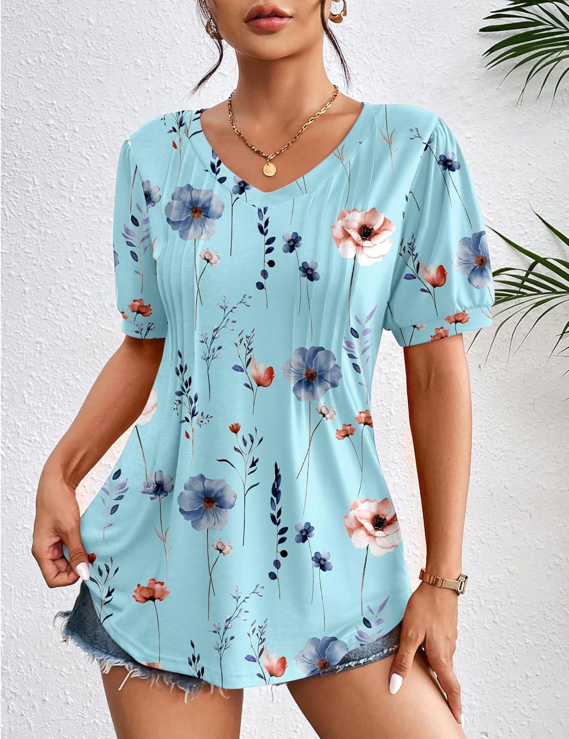 imageZeagoo Womens Puff Short Sleeve Boho Shirts Casual V Neck Floral Solid Summer Blouse Pleated Tunic TopBf139