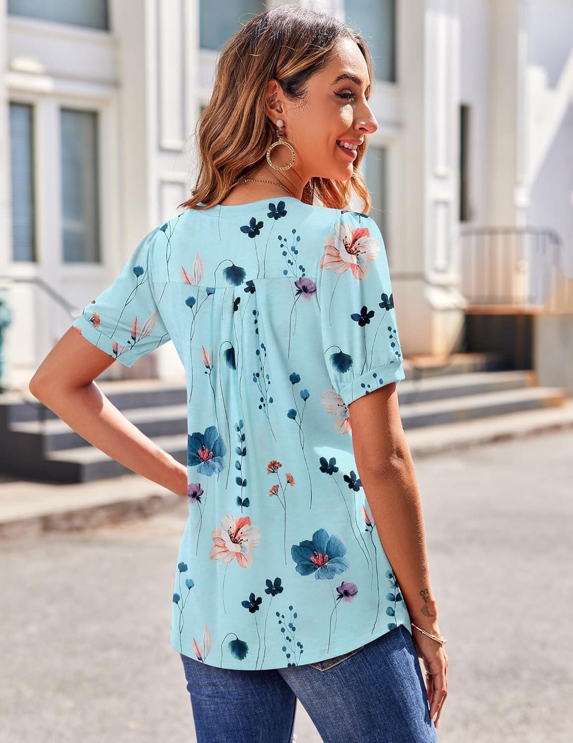 imageZeagoo Womens Puff Short Sleeve Boho Shirts Casual V Neck Floral Solid Summer Blouse Pleated Tunic TopBf139