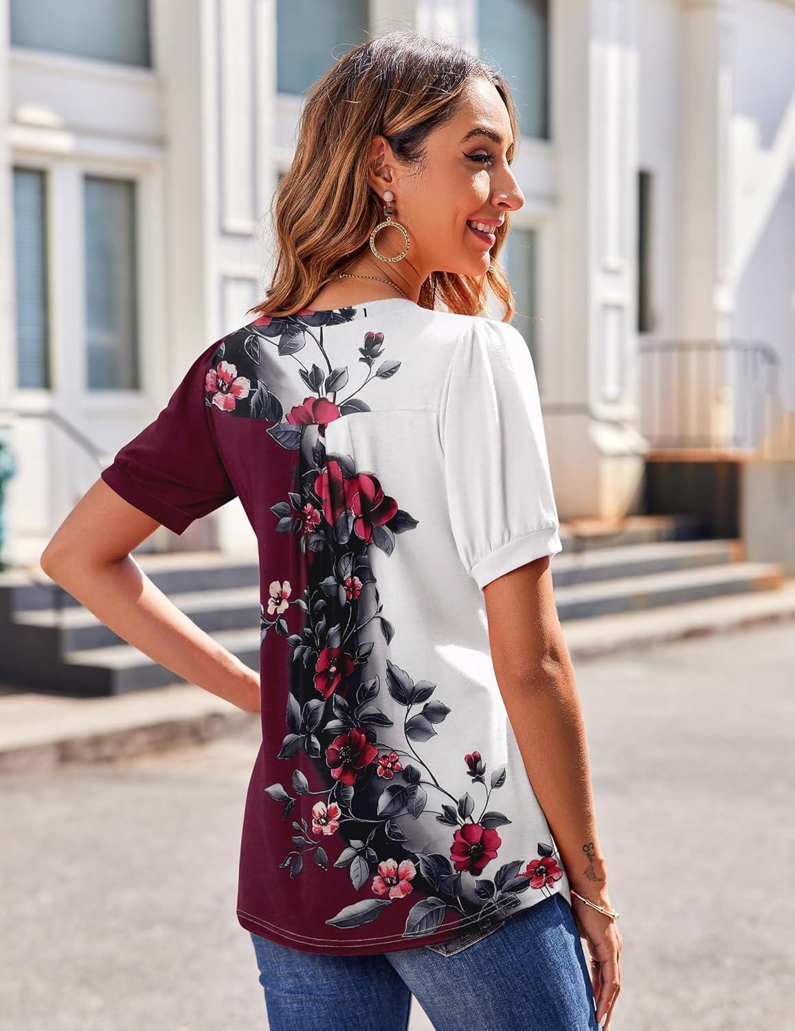 imageZeagoo Womens Puff Short Sleeve Boho Shirts Casual V Neck Floral Solid Summer Blouse Pleated Tunic TopBf183