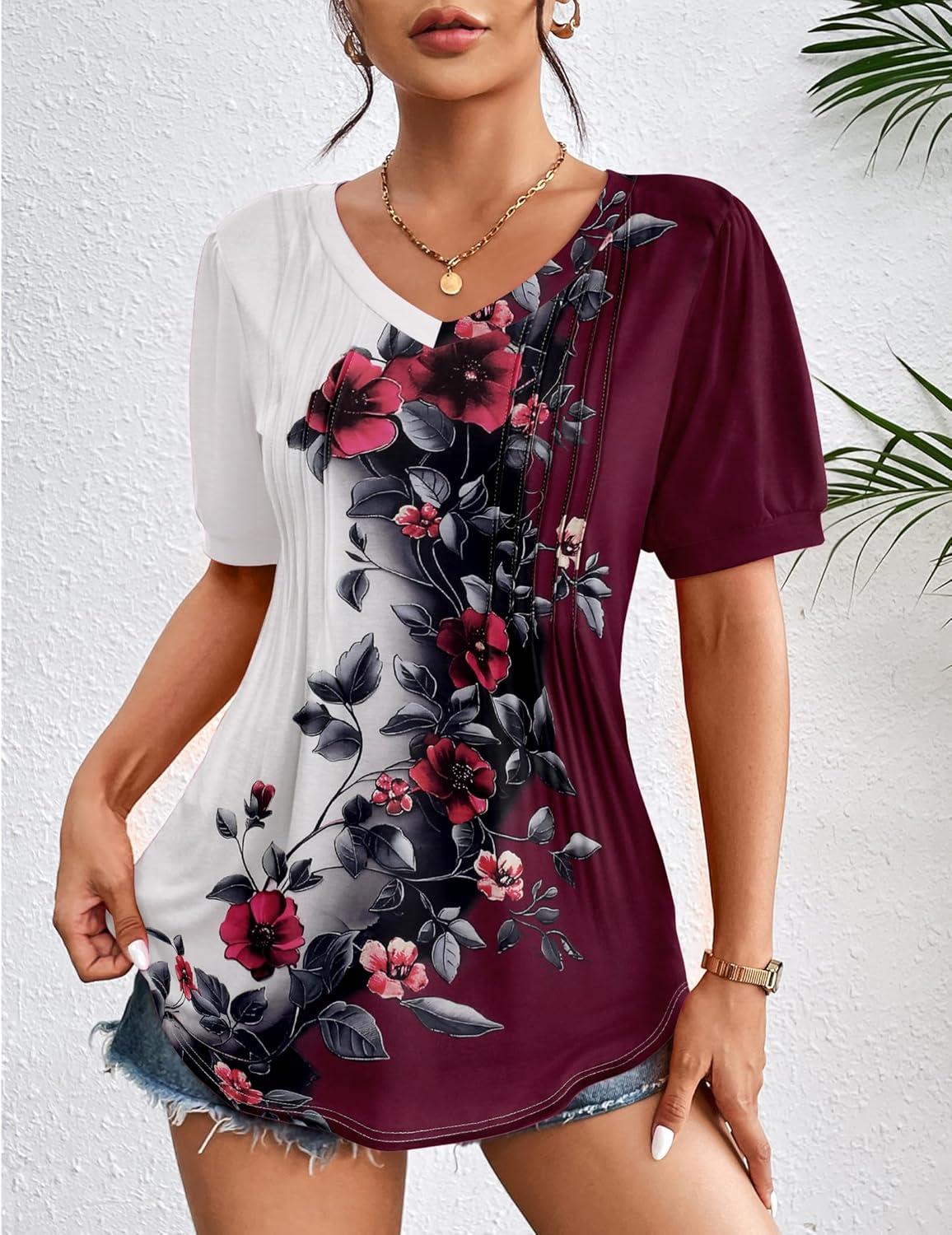 imageZeagoo Womens Puff Short Sleeve Boho Shirts Casual V Neck Floral Solid Summer Blouse Pleated Tunic TopBf183
