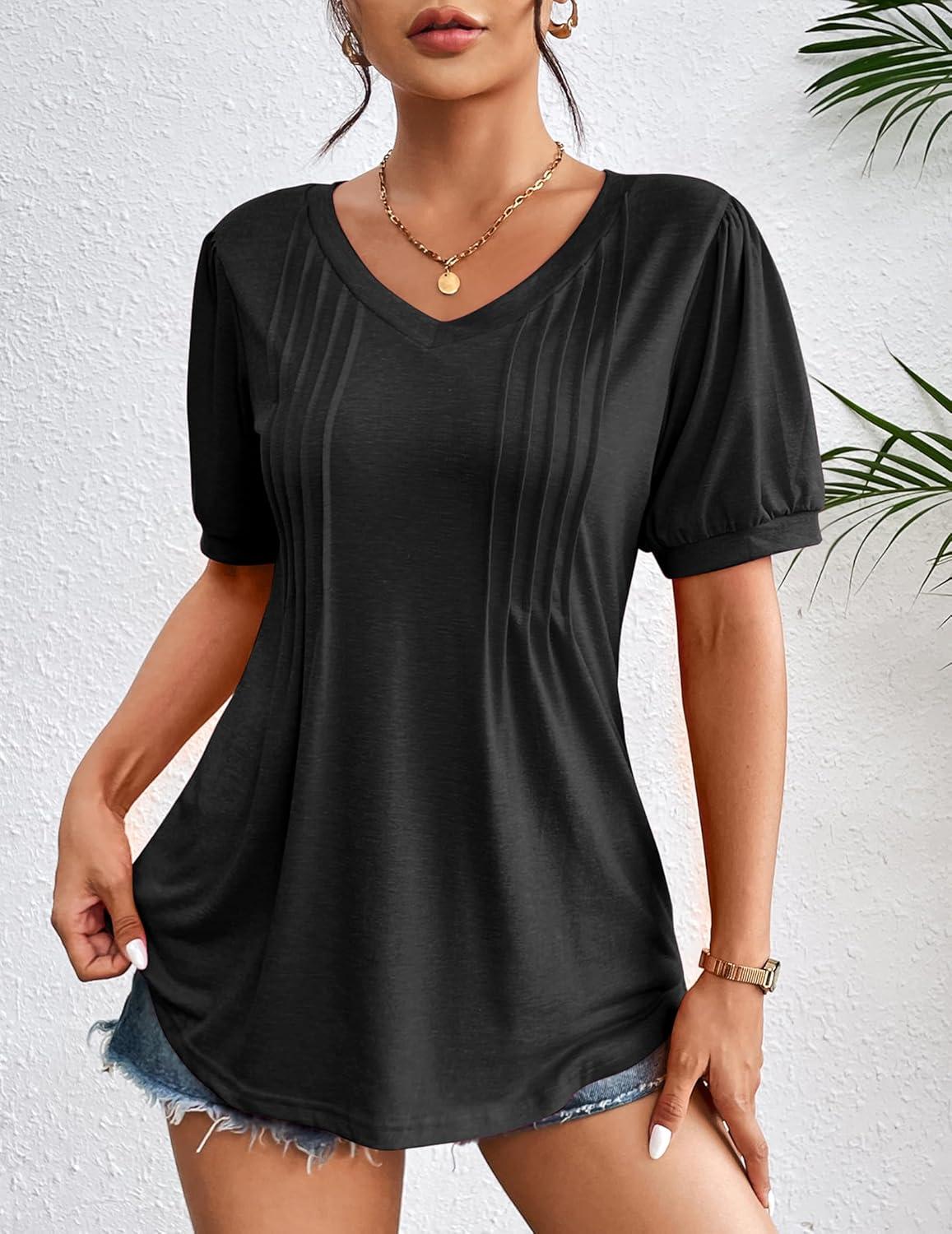 imageZeagoo Womens Puff Short Sleeve Boho Shirts Casual V Neck Floral Solid Summer Blouse Pleated Tunic TopBlack