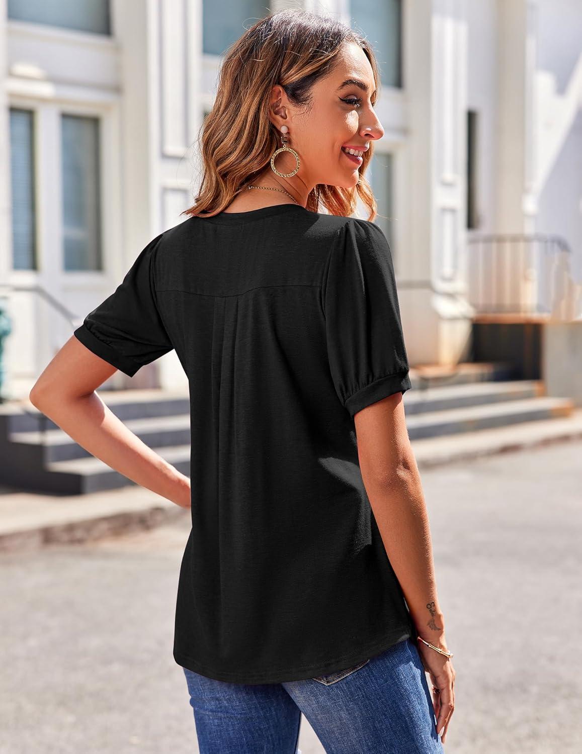 imageZeagoo Womens Puff Short Sleeve Boho Shirts Casual V Neck Floral Solid Summer Blouse Pleated Tunic TopBlack