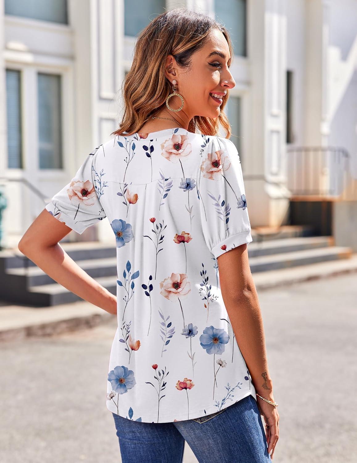 imageZeagoo Womens Puff Short Sleeve Boho Shirts Casual V Neck Floral Solid Summer Blouse Pleated Tunic TopDh6