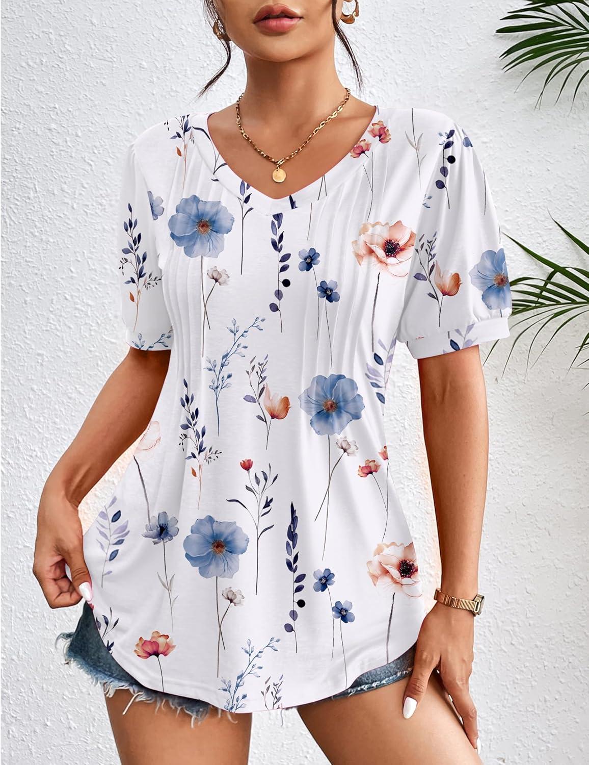 imageZeagoo Womens Puff Short Sleeve Boho Shirts Casual V Neck Floral Solid Summer Blouse Pleated Tunic TopDh6
