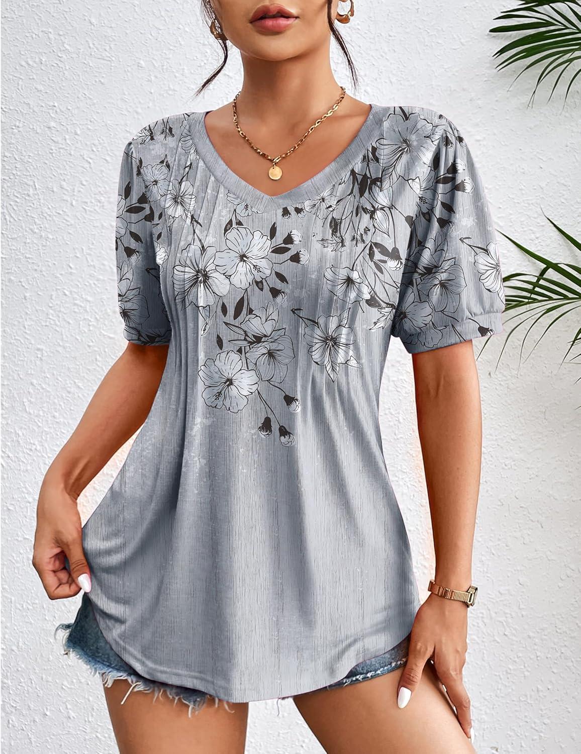 imageZeagoo Womens Puff Short Sleeve Boho Shirts Casual V Neck Floral Solid Summer Blouse Pleated Tunic TopDh62