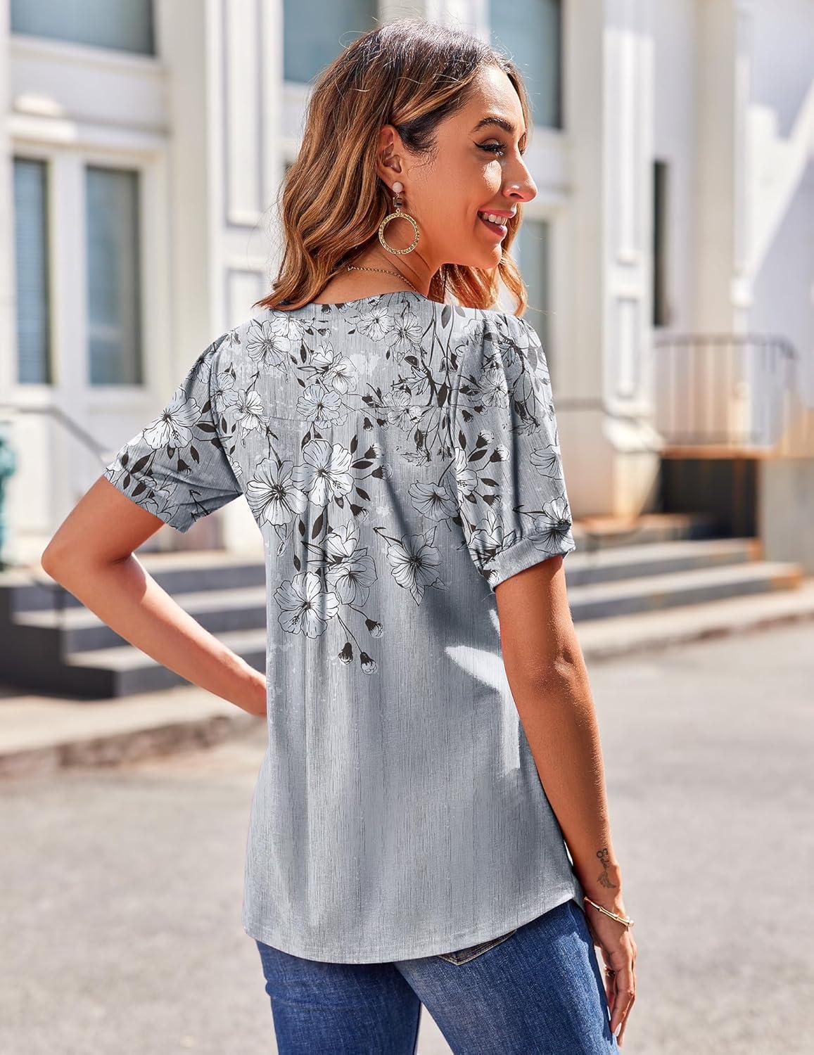 imageZeagoo Womens Puff Short Sleeve Boho Shirts Casual V Neck Floral Solid Summer Blouse Pleated Tunic TopDh62
