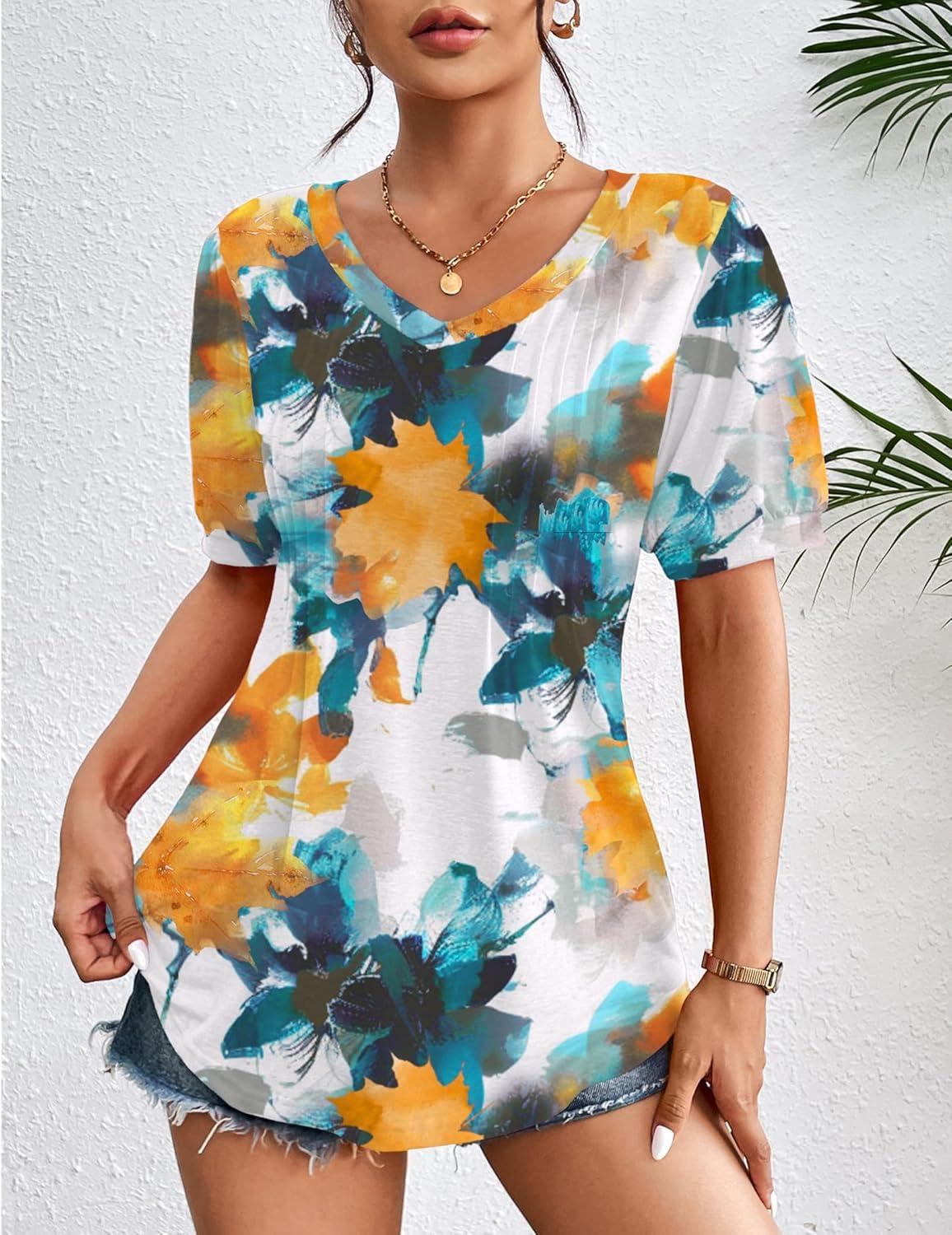 imageZeagoo Womens Puff Short Sleeve Boho Shirts Casual V Neck Floral Solid Summer Blouse Pleated Tunic TopDh637