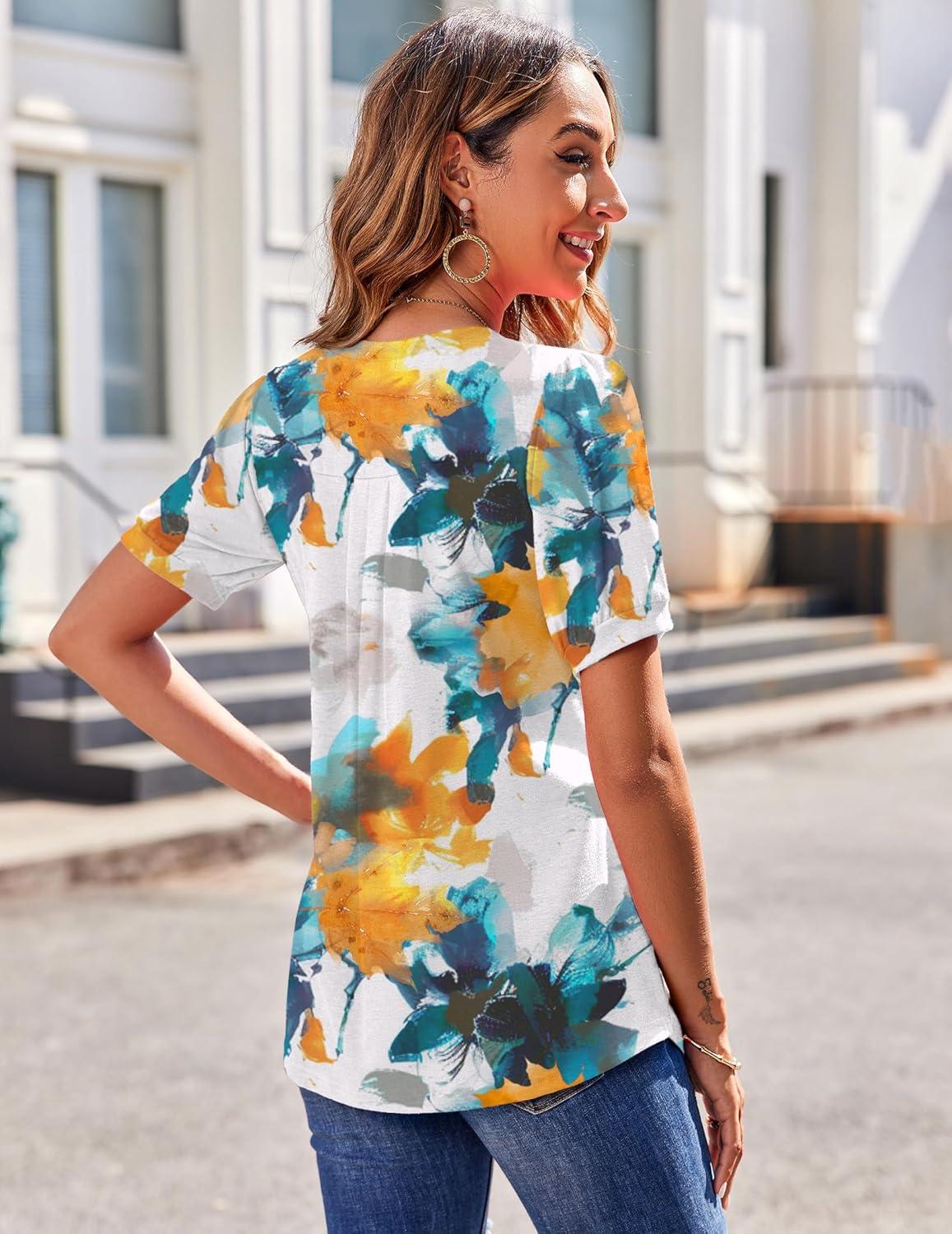 imageZeagoo Womens Puff Short Sleeve Boho Shirts Casual V Neck Floral Solid Summer Blouse Pleated Tunic TopDh637