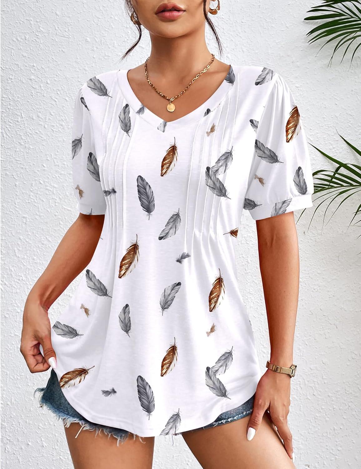 imageZeagoo Womens Puff Short Sleeve Boho Shirts Casual V Neck Floral Solid Summer Blouse Pleated Tunic TopDw170