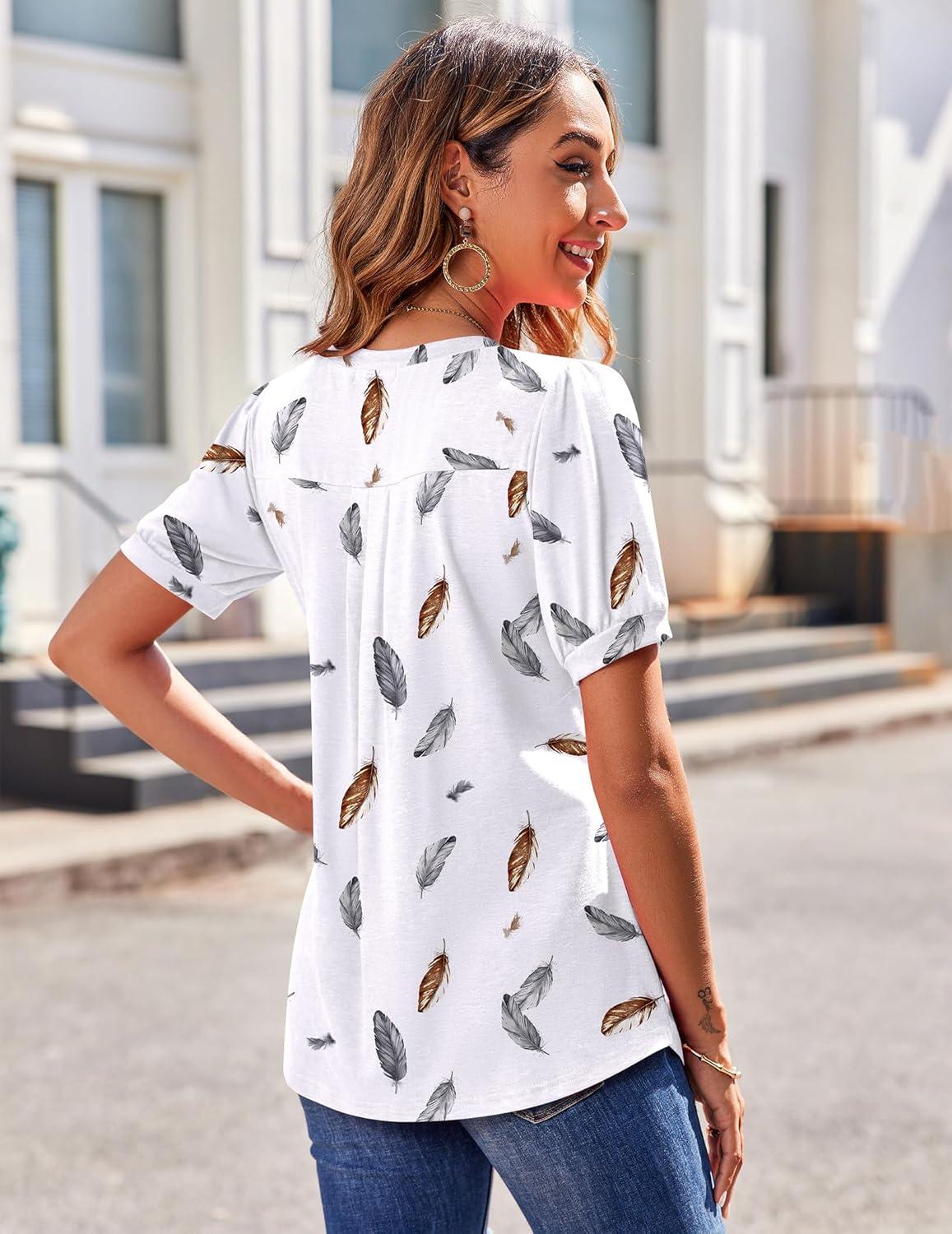 imageZeagoo Womens Puff Short Sleeve Boho Shirts Casual V Neck Floral Solid Summer Blouse Pleated Tunic TopDw170