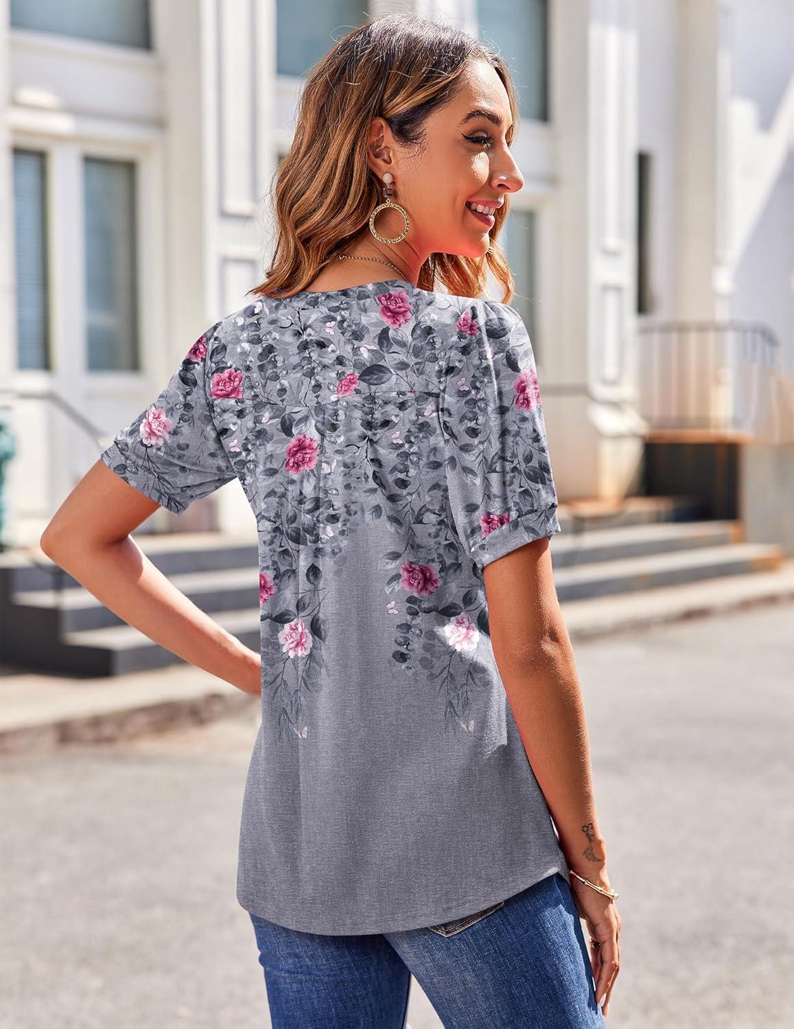 imageZeagoo Womens Puff Short Sleeve Boho Shirts Casual V Neck Floral Solid Summer Blouse Pleated Tunic TopFloral Grey Hf36