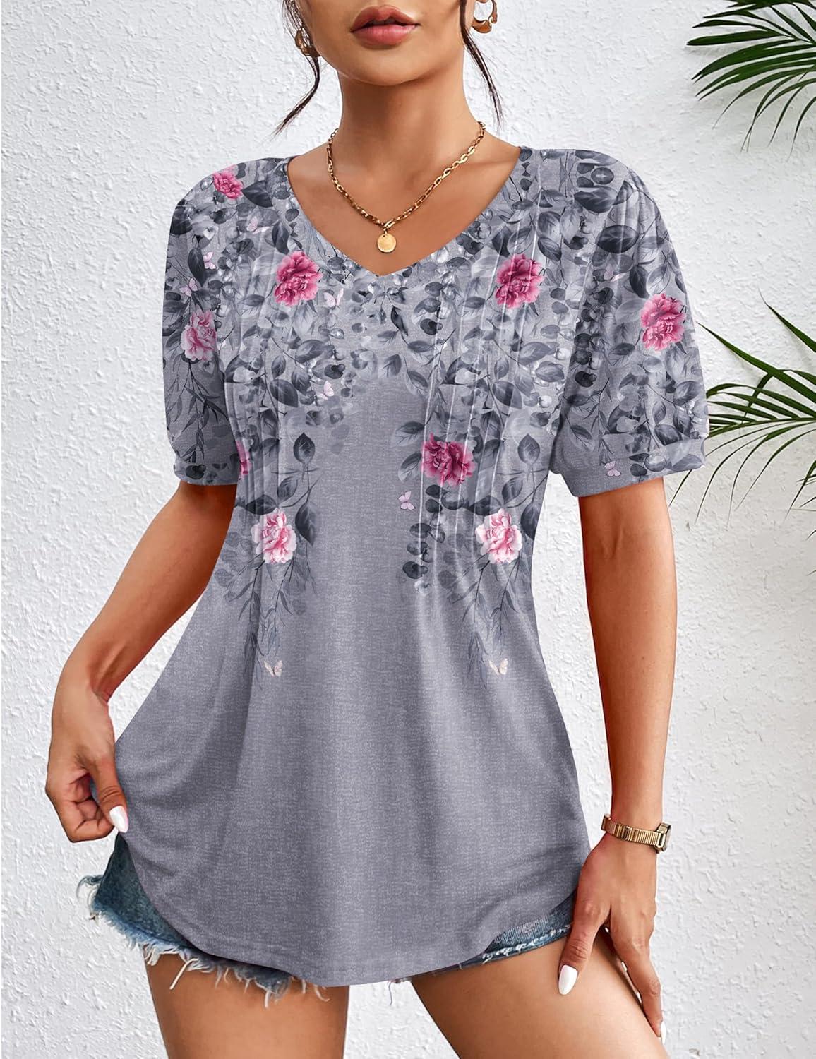 imageZeagoo Womens Puff Short Sleeve Boho Shirts Casual V Neck Floral Solid Summer Blouse Pleated Tunic TopFloral Grey Hf36