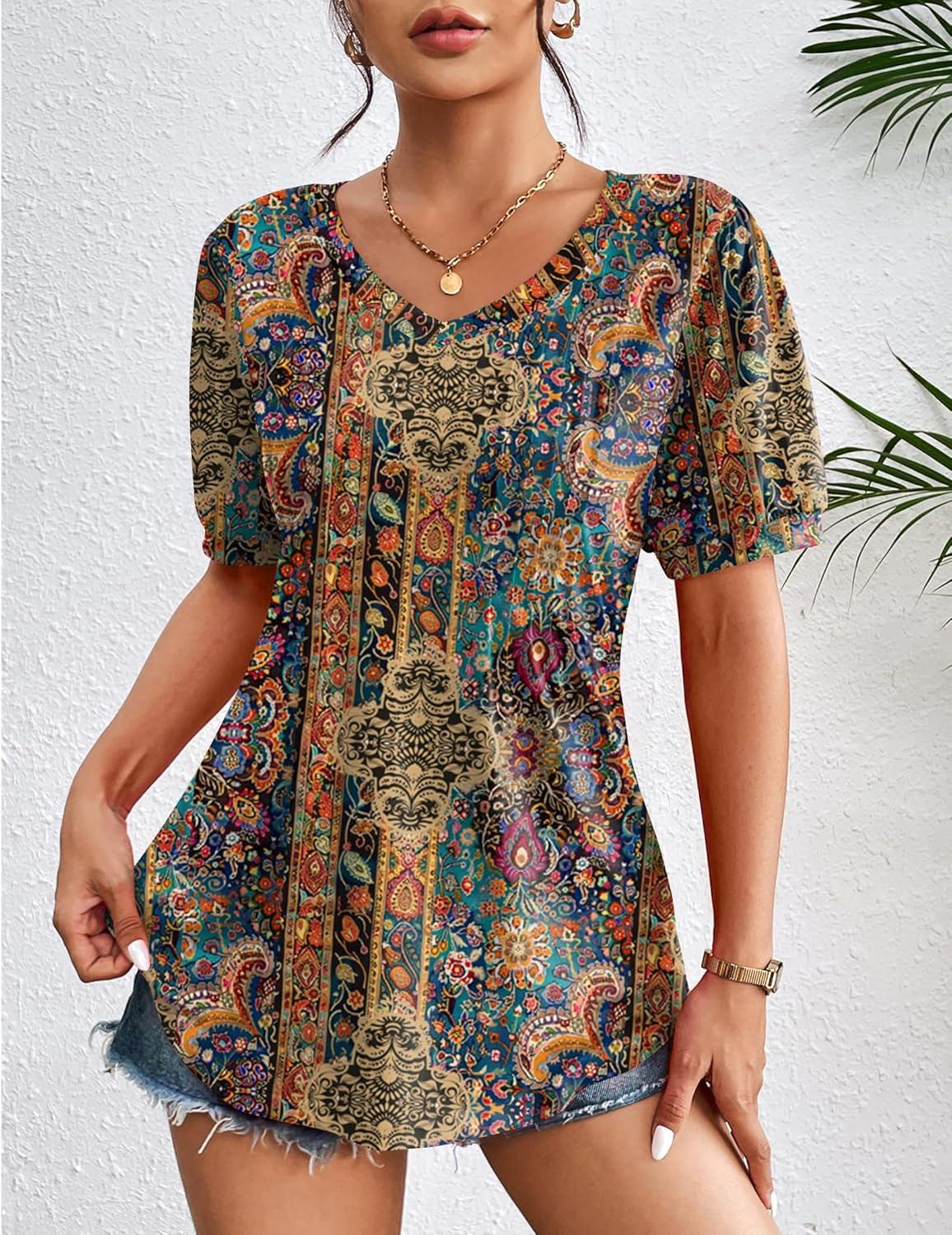 imageZeagoo Womens Puff Short Sleeve Boho Shirts Casual V Neck Floral Solid Summer Blouse Pleated Tunic TopMulti Floral Mz721