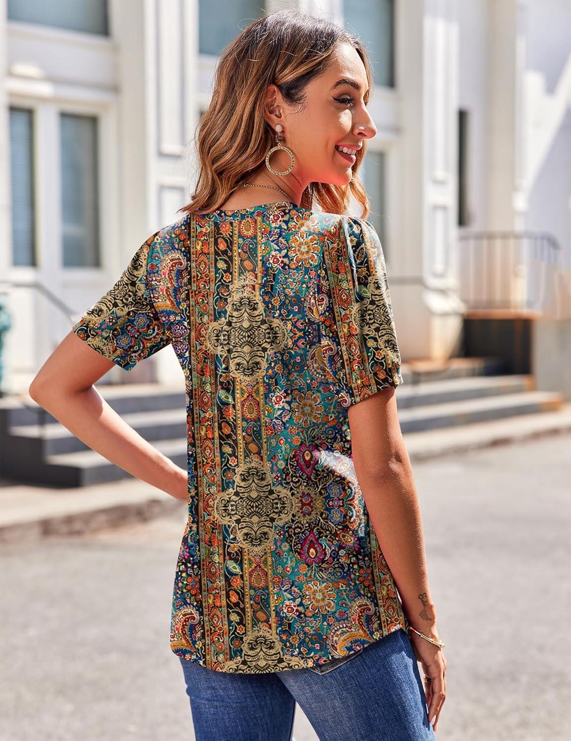 imageZeagoo Womens Puff Short Sleeve Boho Shirts Casual V Neck Floral Solid Summer Blouse Pleated Tunic TopMulti Floral Mz721