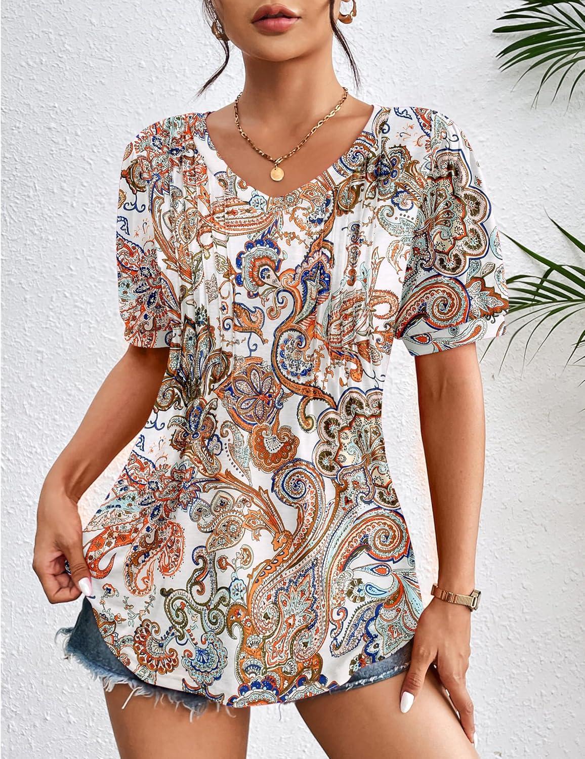 imageZeagoo Womens Puff Short Sleeve Boho Shirts Casual V Neck Floral Solid Summer Blouse Pleated Tunic TopMz453