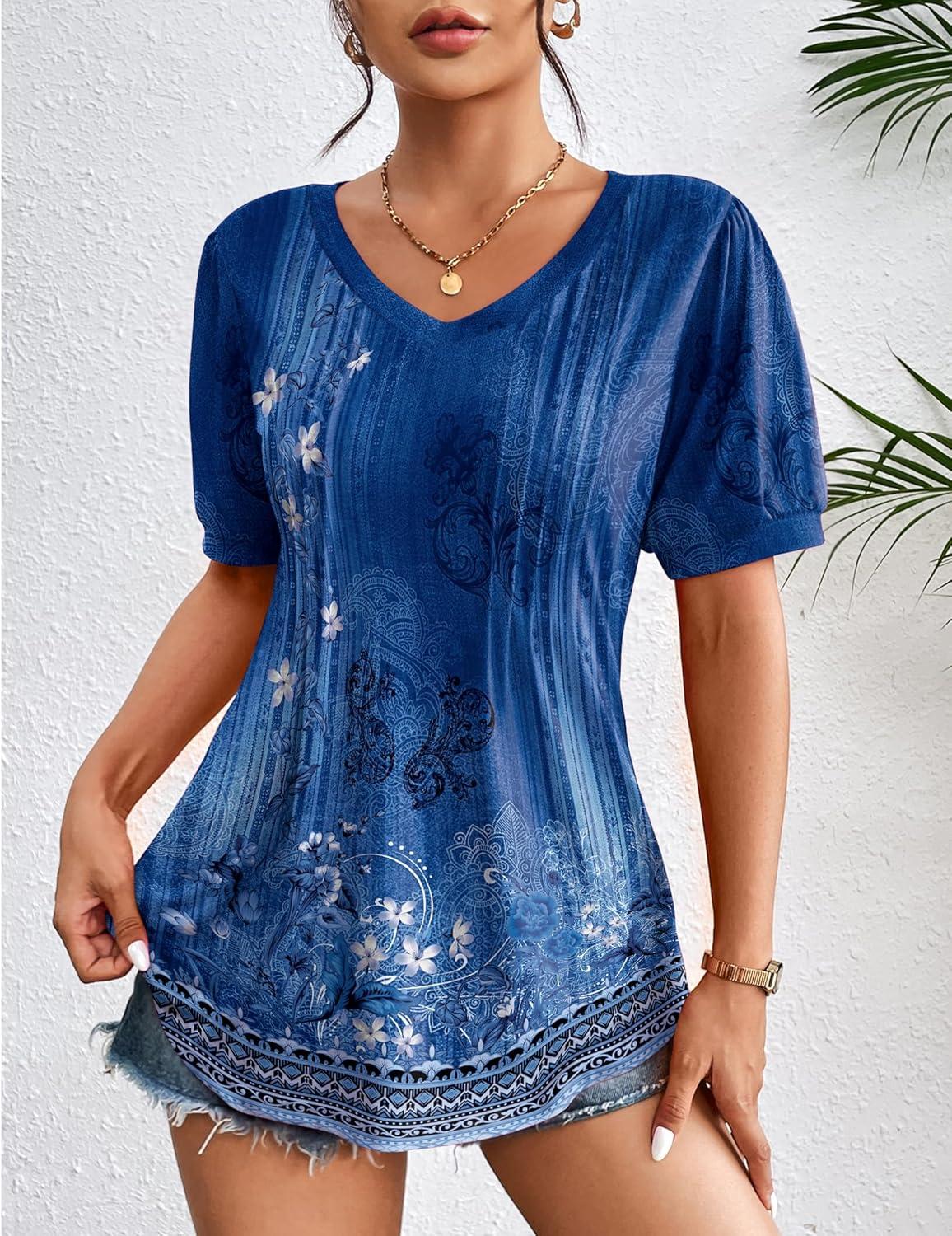 imageZeagoo Womens Puff Short Sleeve Boho Shirts Casual V Neck Floral Solid Summer Blouse Pleated Tunic TopMz712