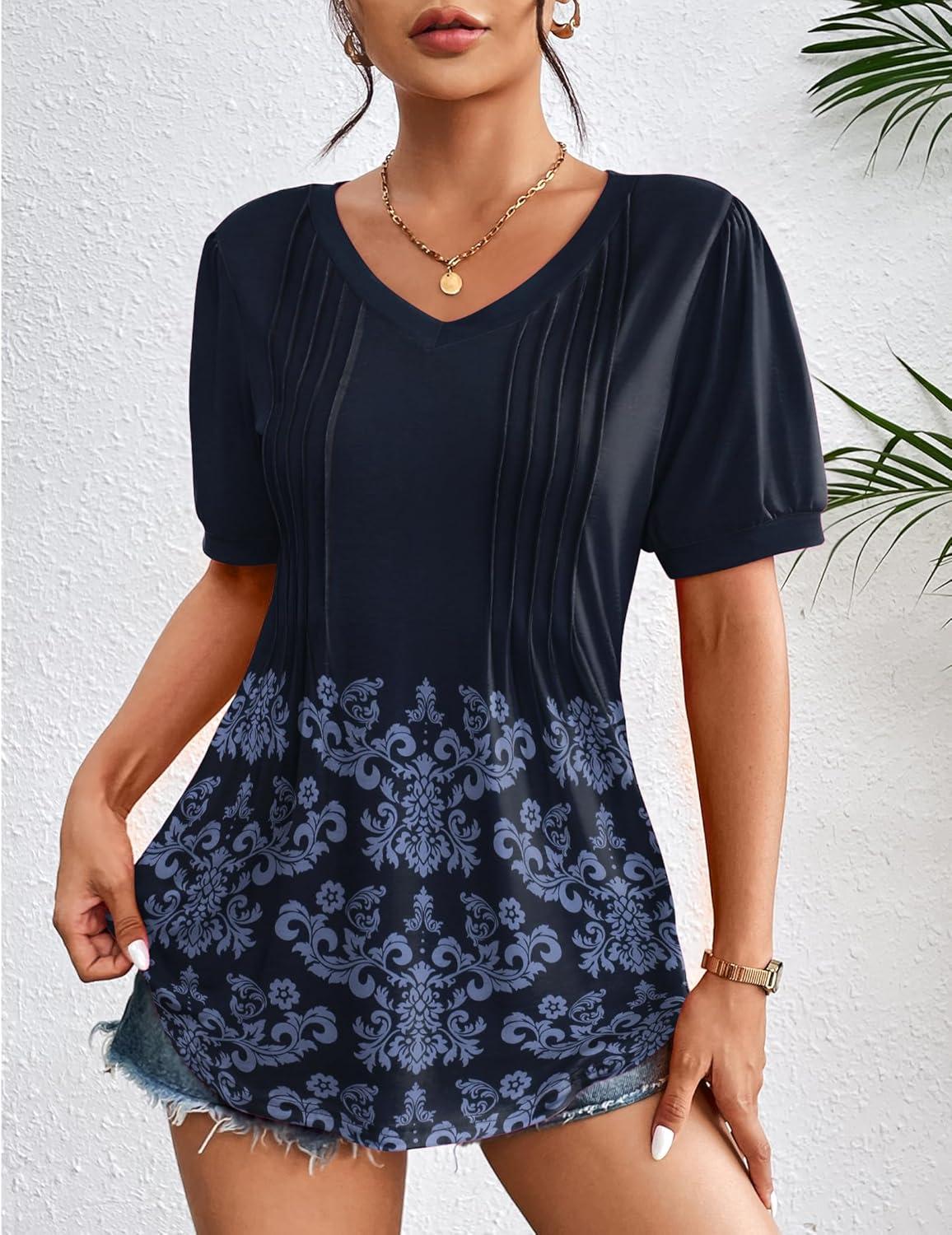 imageZeagoo Womens Puff Short Sleeve Boho Shirts Casual V Neck Floral Solid Summer Blouse Pleated Tunic TopMz791