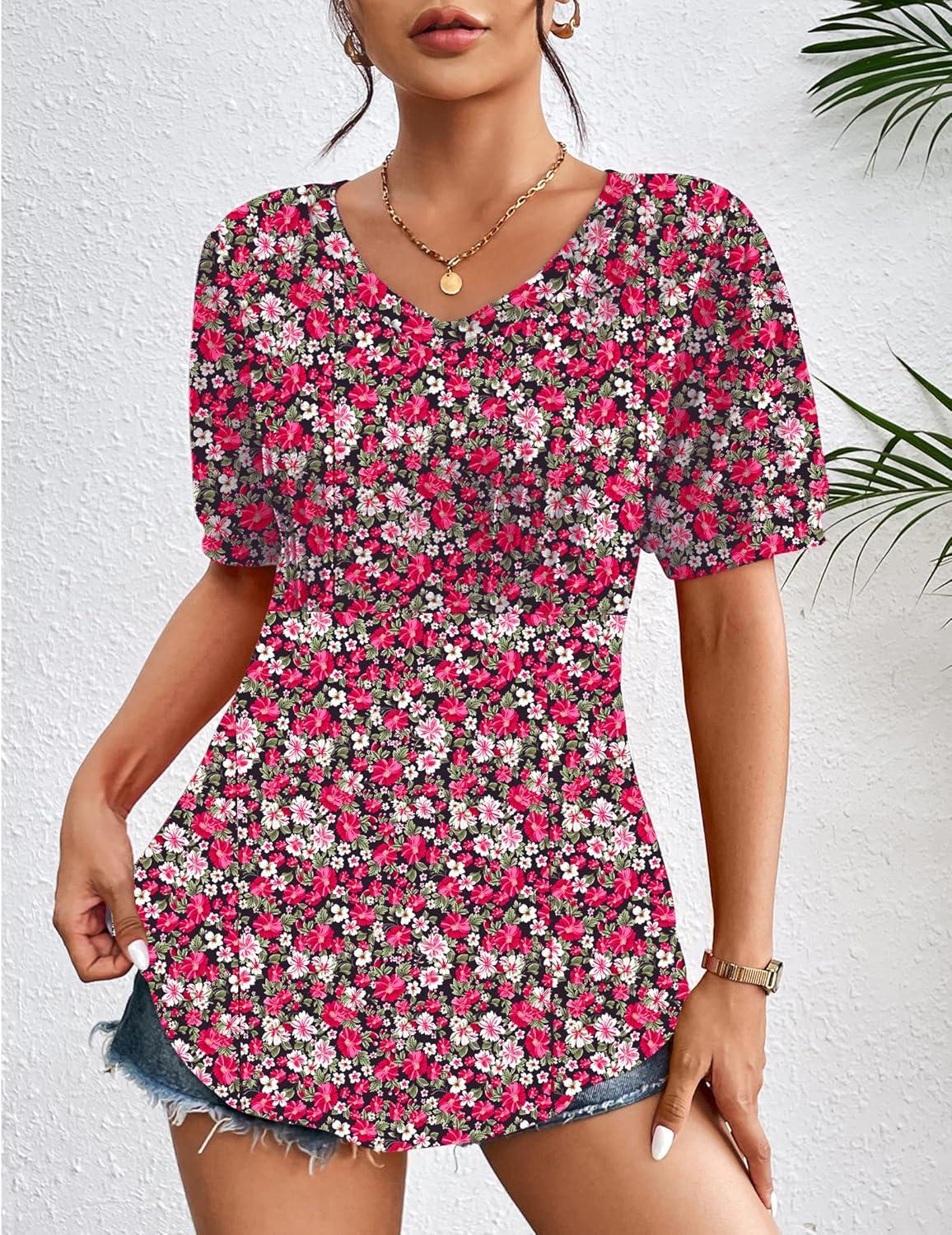 imageZeagoo Womens Puff Short Sleeve Boho Shirts Casual V Neck Floral Solid Summer Blouse Pleated Tunic TopPa114