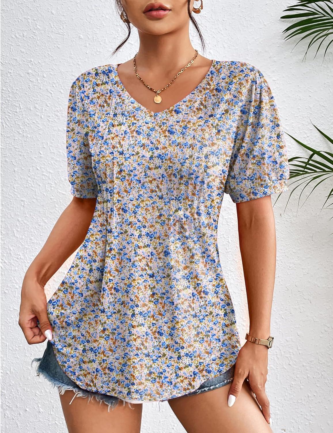 imageZeagoo Womens Puff Short Sleeve Boho Shirts Casual V Neck Floral Solid Summer Blouse Pleated Tunic TopPa115