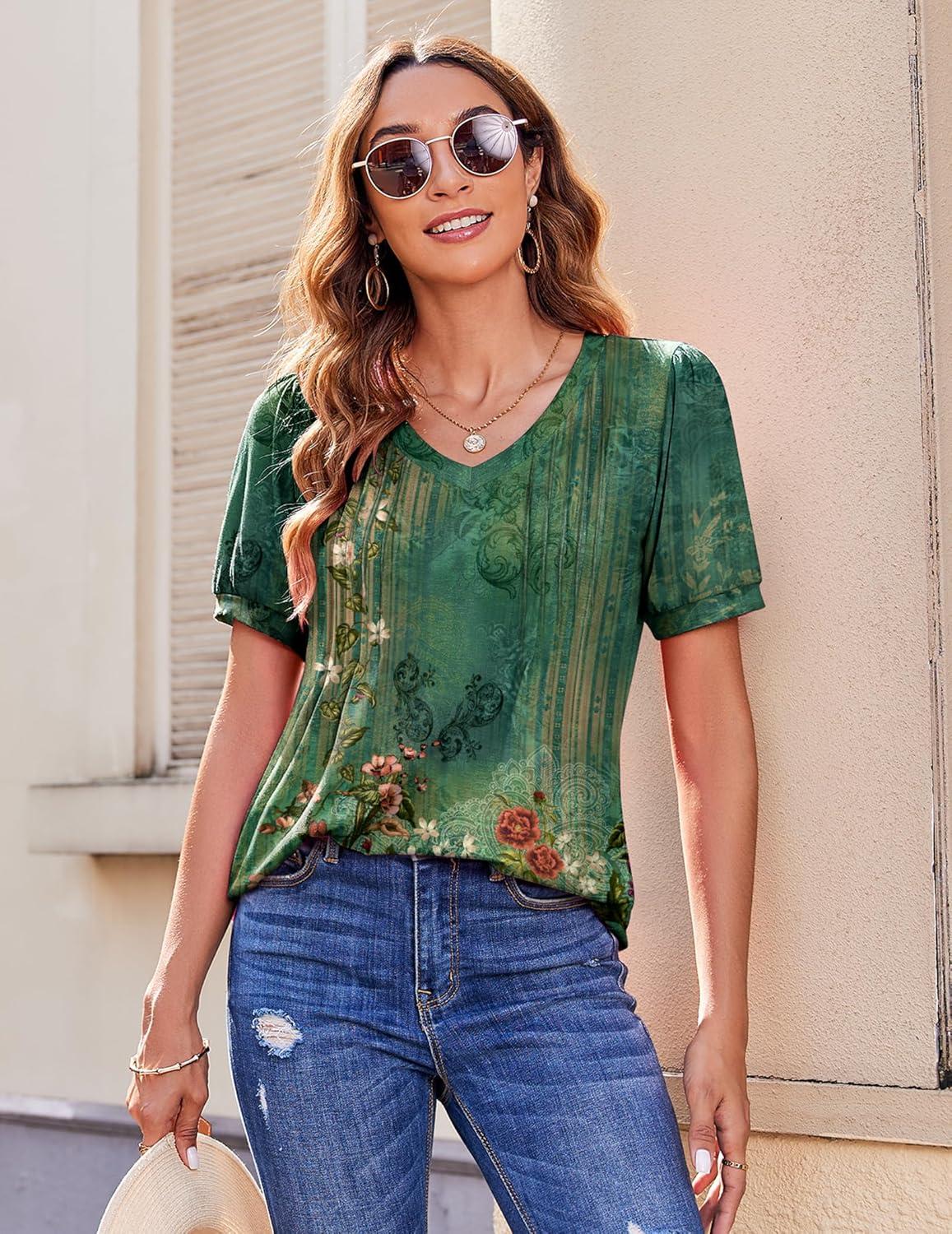 imageZeagoo Womens Puff Short Sleeve Boho Shirts Casual V Neck Floral Solid Summer Blouse Pleated Tunic TopPa171