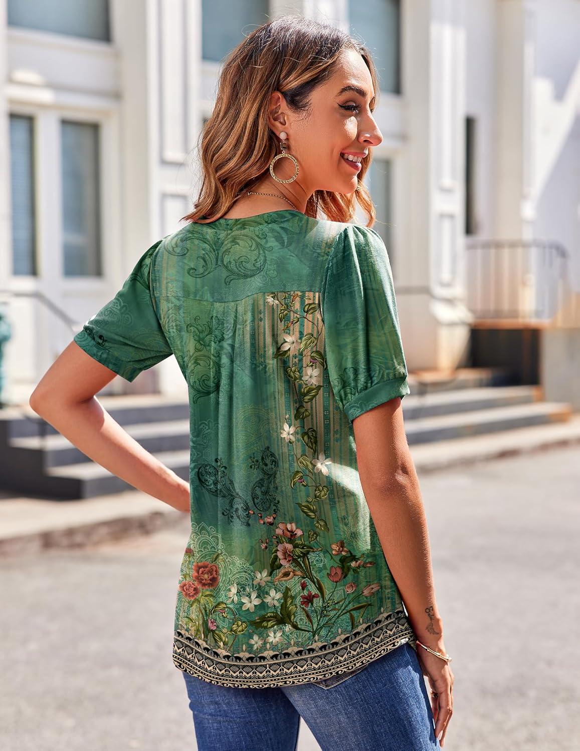 imageZeagoo Womens Puff Short Sleeve Boho Shirts Casual V Neck Floral Solid Summer Blouse Pleated Tunic TopPa171