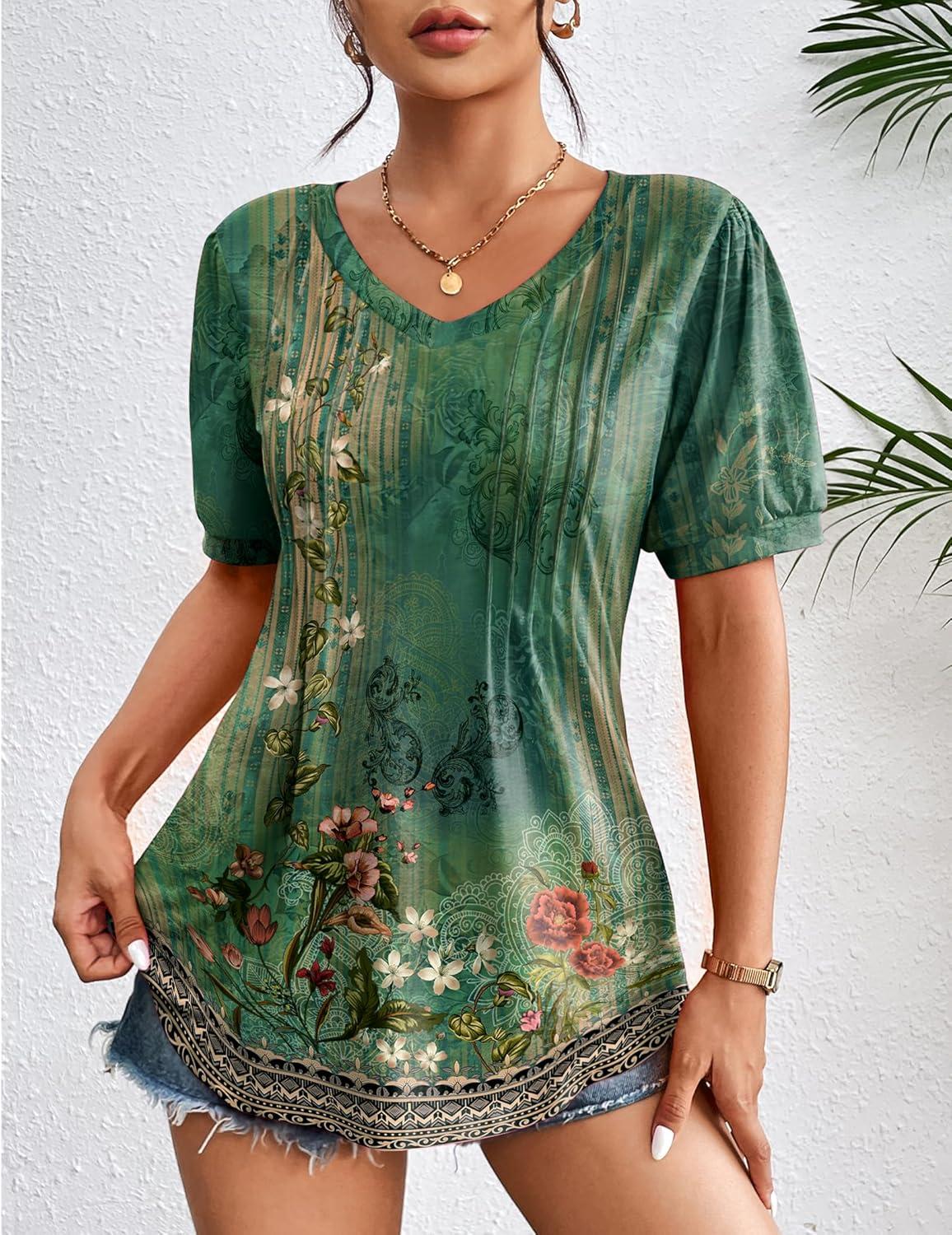 imageZeagoo Womens Puff Short Sleeve Boho Shirts Casual V Neck Floral Solid Summer Blouse Pleated Tunic TopPa171
